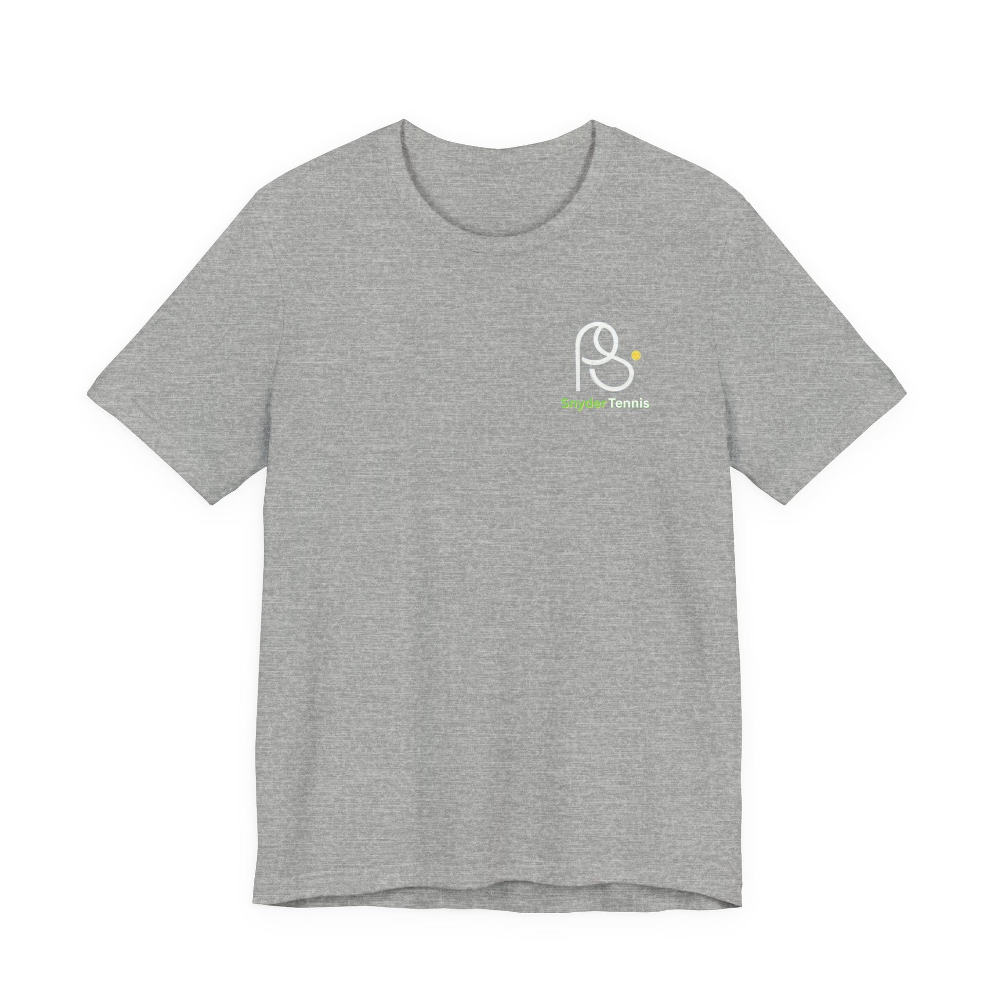Front view of heather gray Coach Pete Snyder tennis tee, white PS racket-ball logo and "Harrison Tennis" text