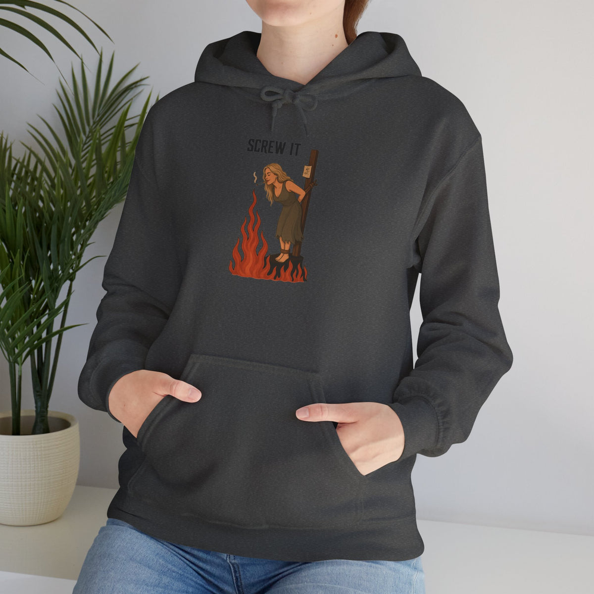 Screw It Hoodie – Funny Retro Character Flaming Witch Graphic Sweatshirt
