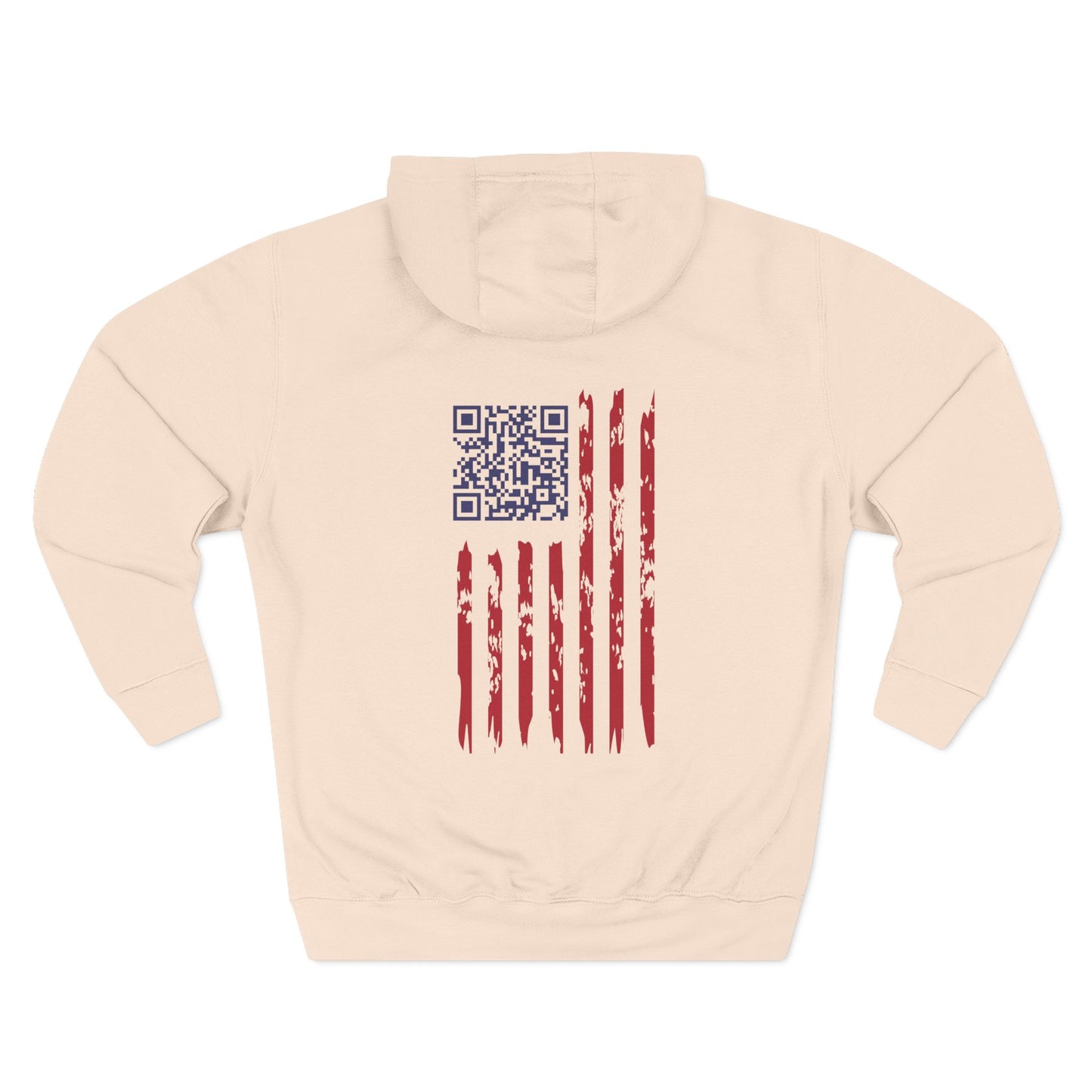 Back view of oatmeal hoodie with distressed US flag and hidden QR code for Trump dance