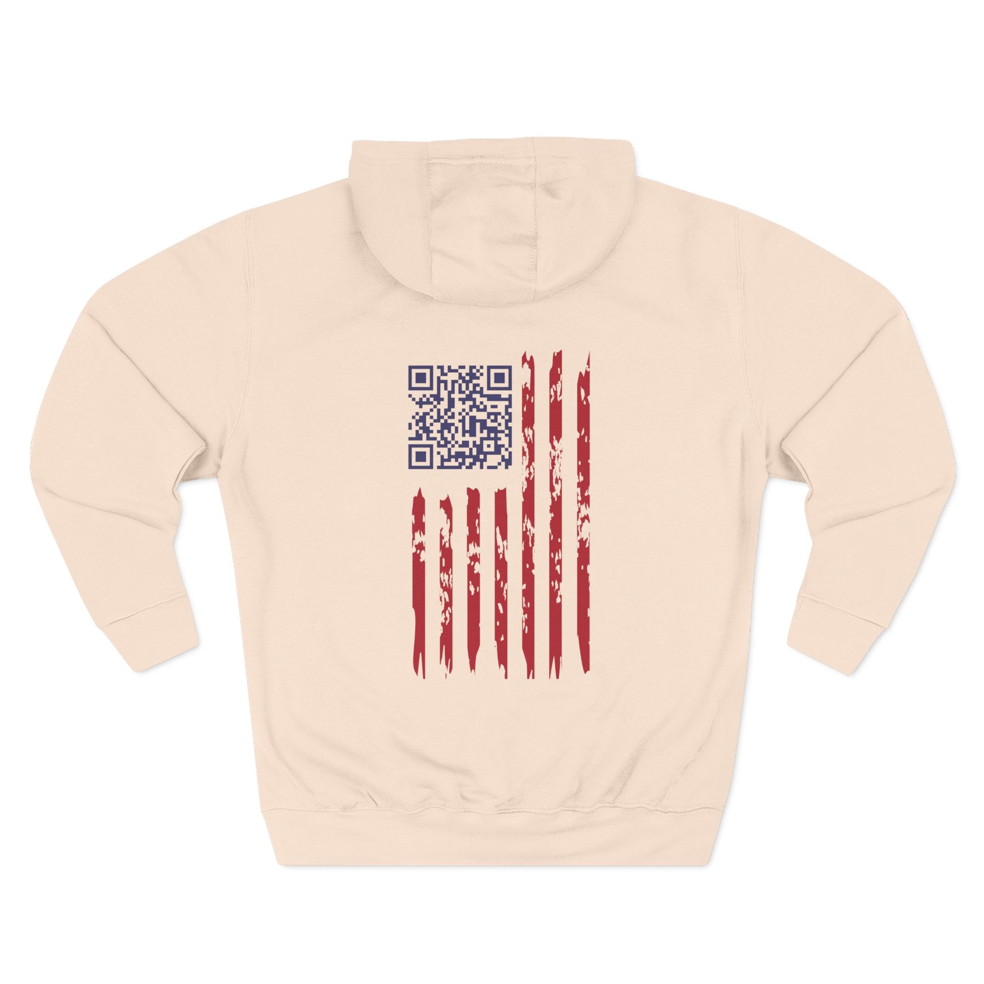 Back view of oatmeal hoodie with distressed US flag and hidden QR code for Trump dance