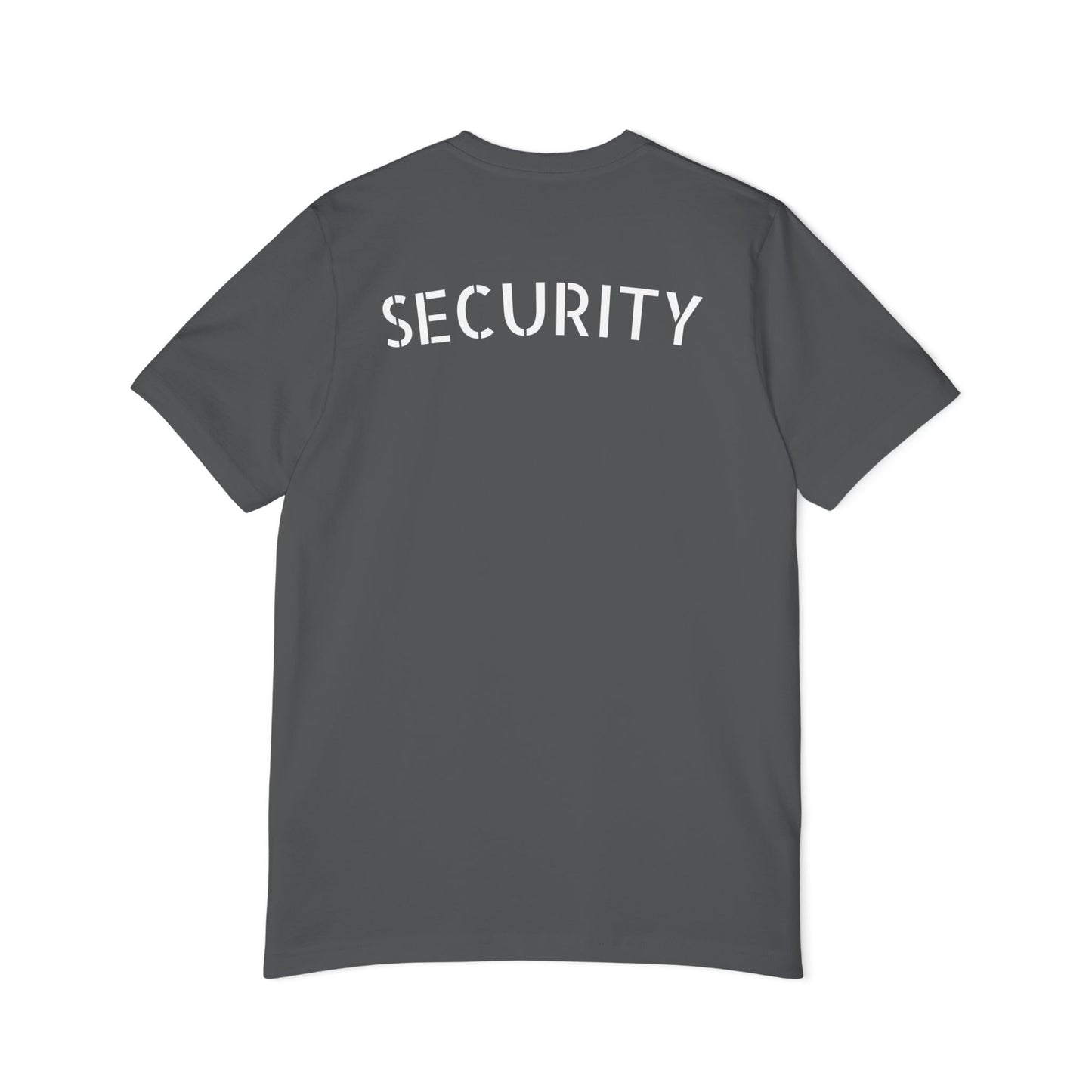 Back view of heather gray t-shirt with bold white stenciled "SECURITY" print across shoulders