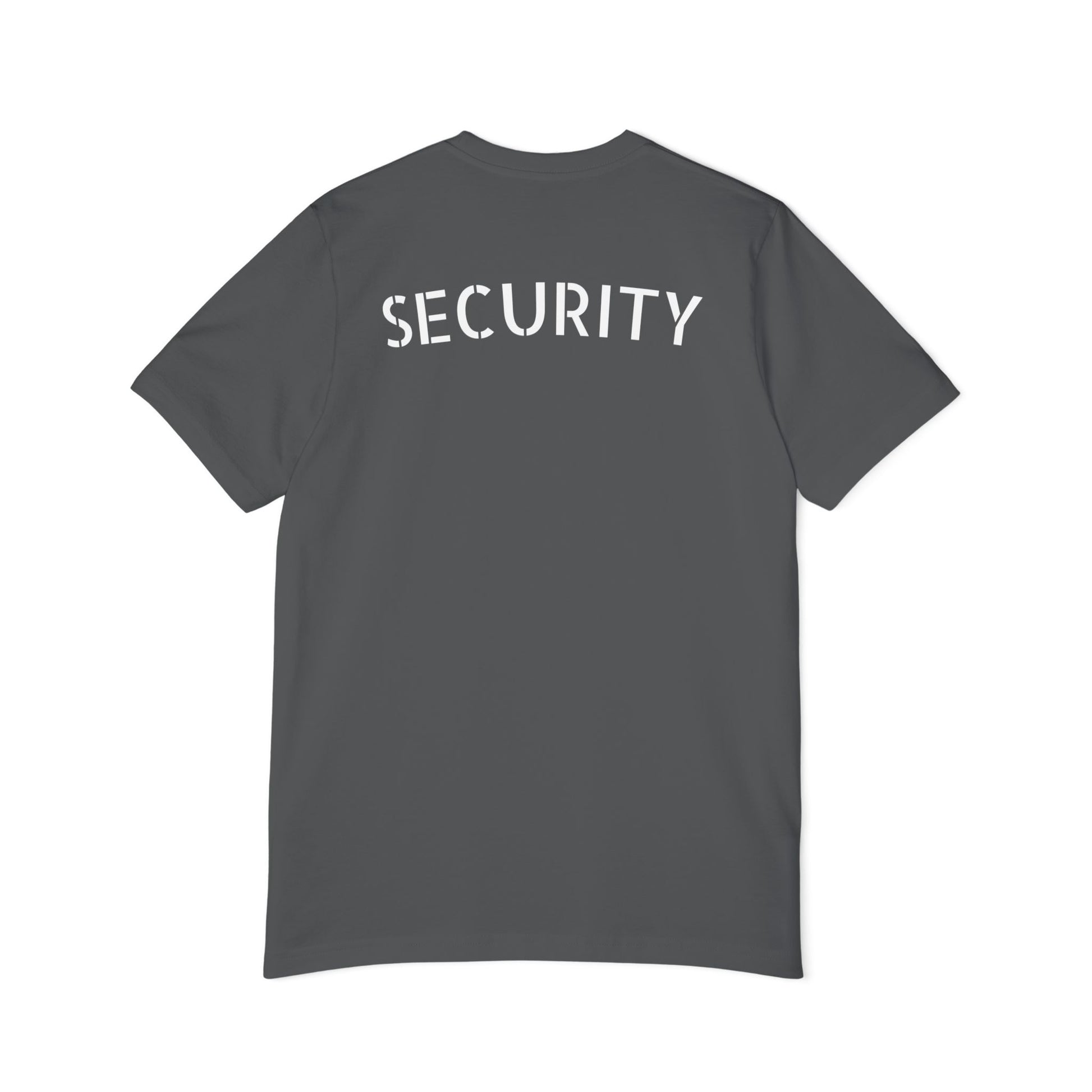 Back view of heather gray t-shirt with bold white stenciled "SECURITY" print across shoulders