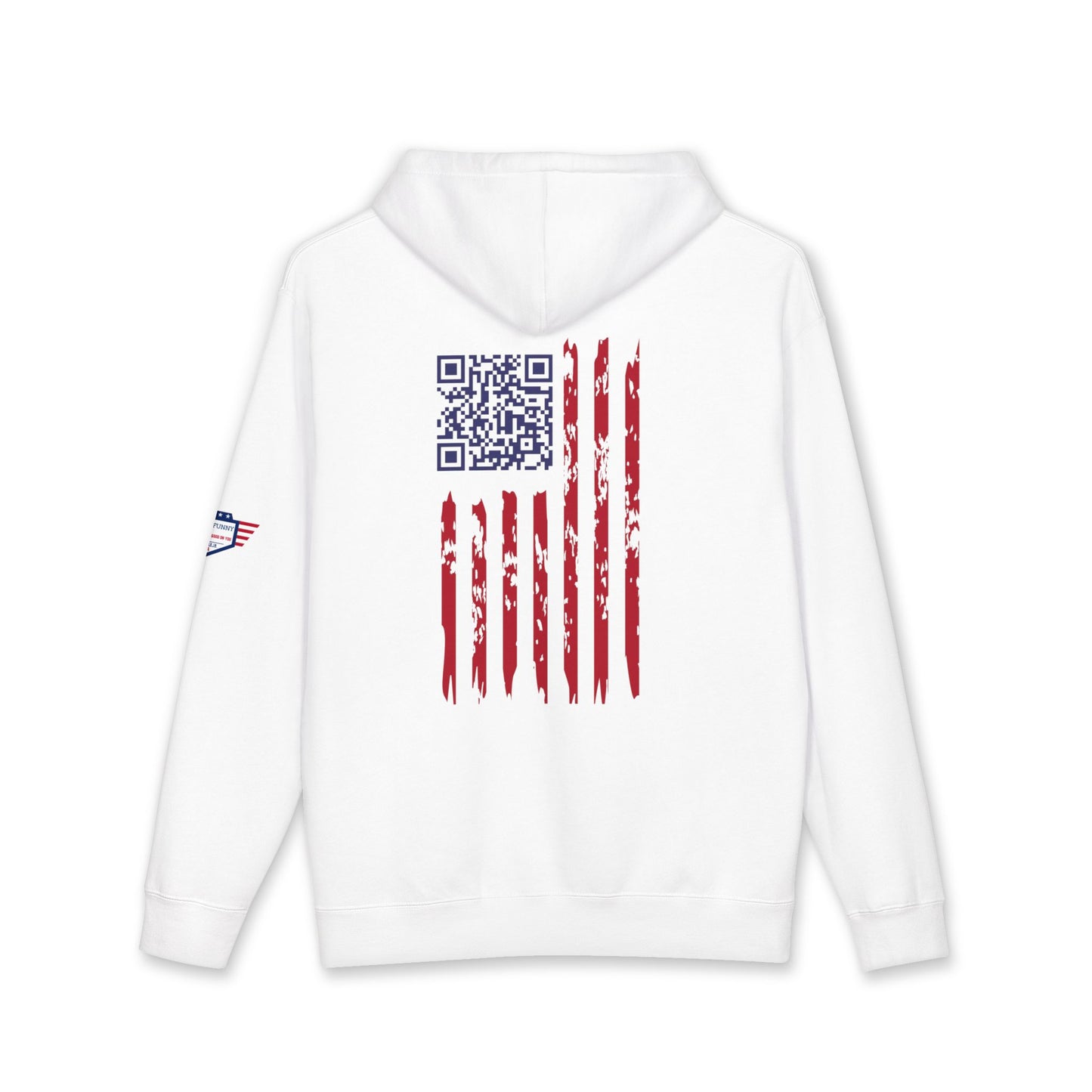 Back view of white hoodie with distressed flag QR code (scan for Trump dance) and flag sleeve detail