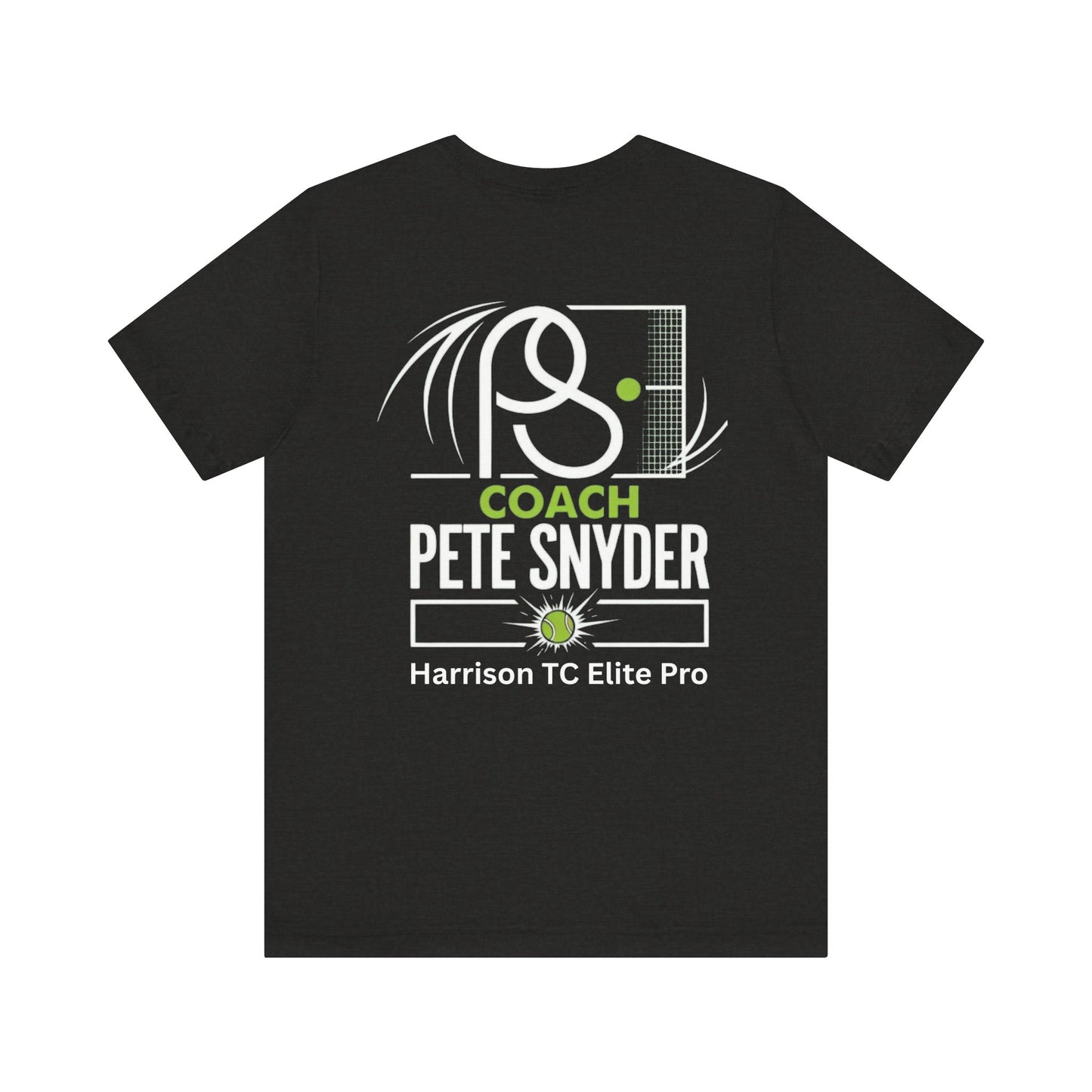 Back view of black Coach Pete Snyder tennis tee with white racket/net PS design, "COACH PETE SNYDER" and "Harrison TC Elite Pro"