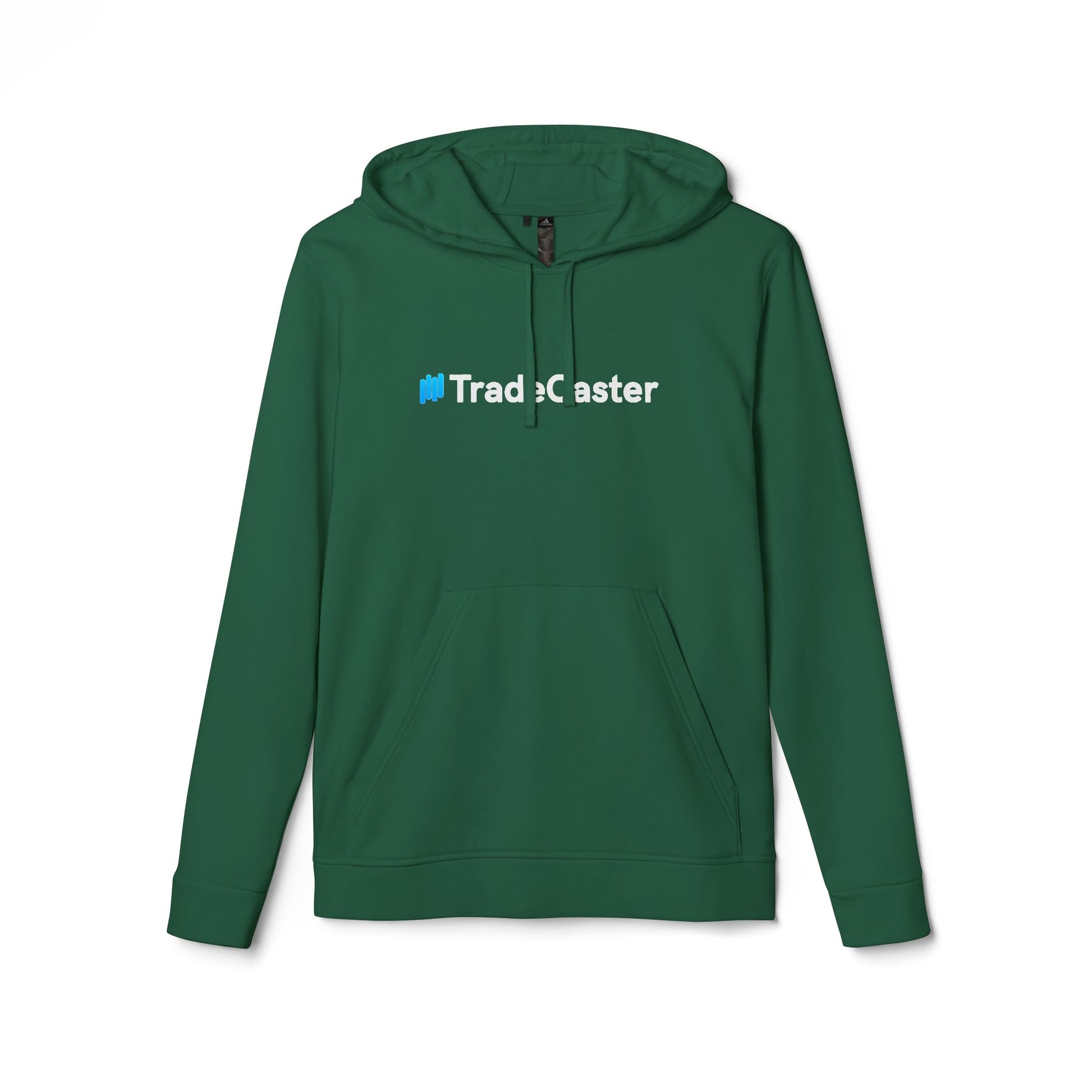 Front view of green Adidas fleece TradeCaster hoodie, centered white logo with blue "Trade" icon — forest flex vibes