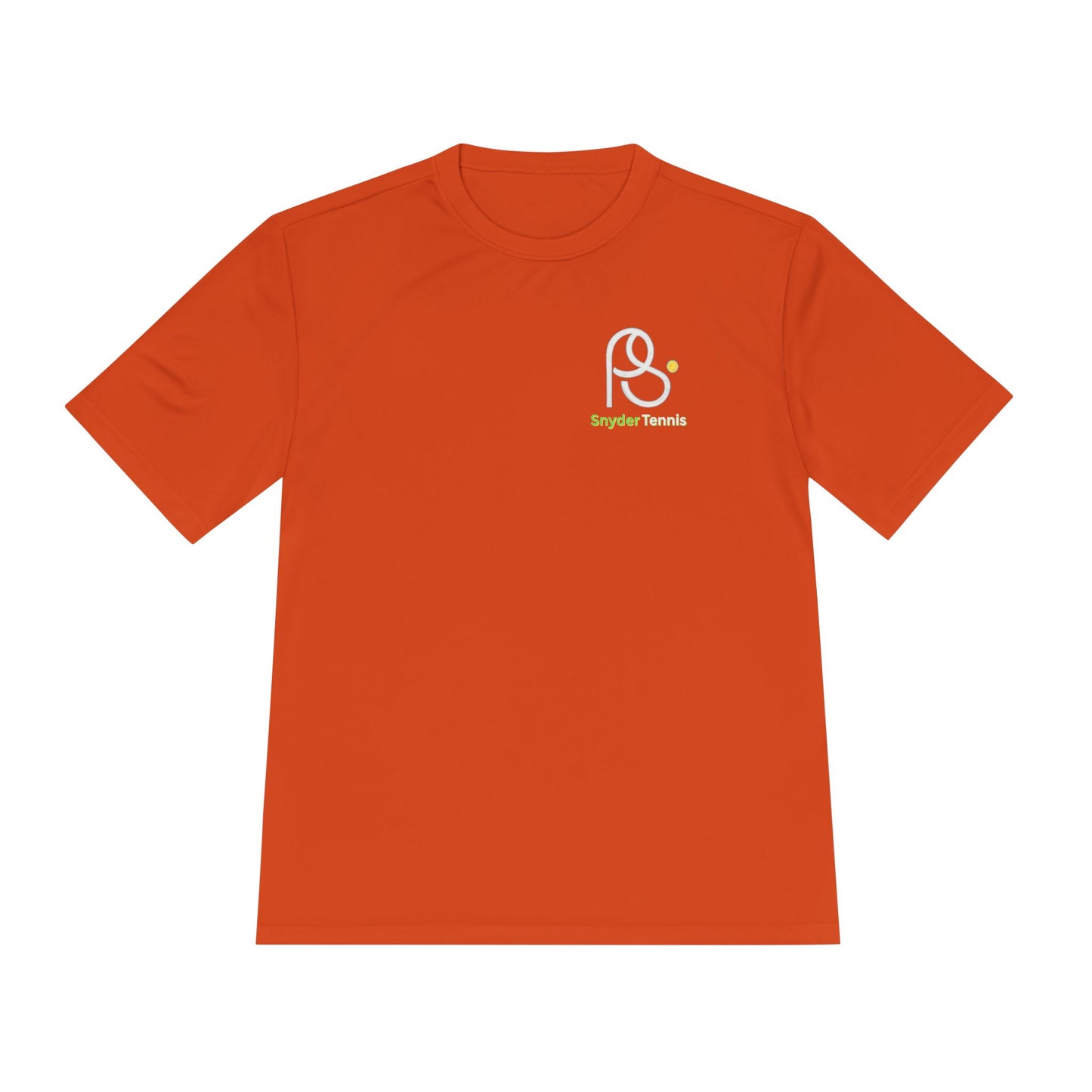 Flat front bright orange Coach Pete Snyder tee with white PS logo and Bryant Tennis print