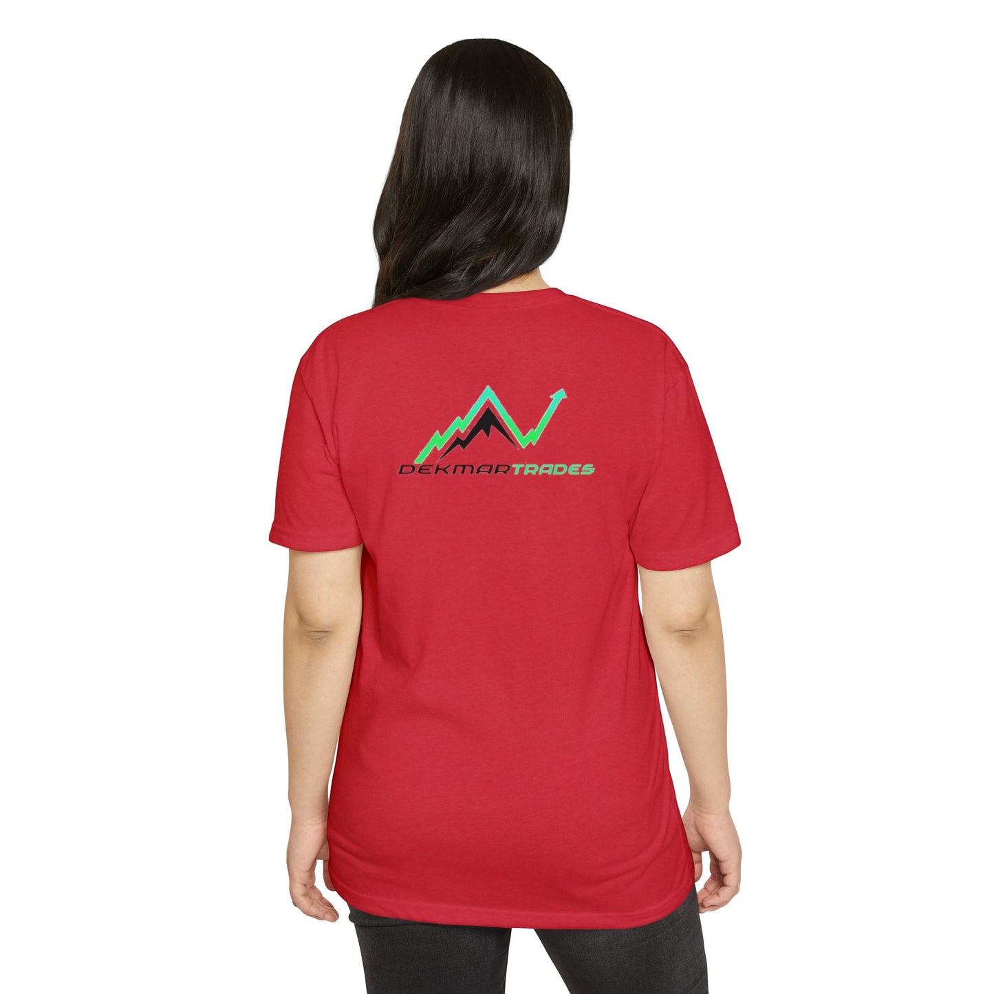 Woman model back view in red tee, Dekmar Trades mountain-to-uptrend graphic in green