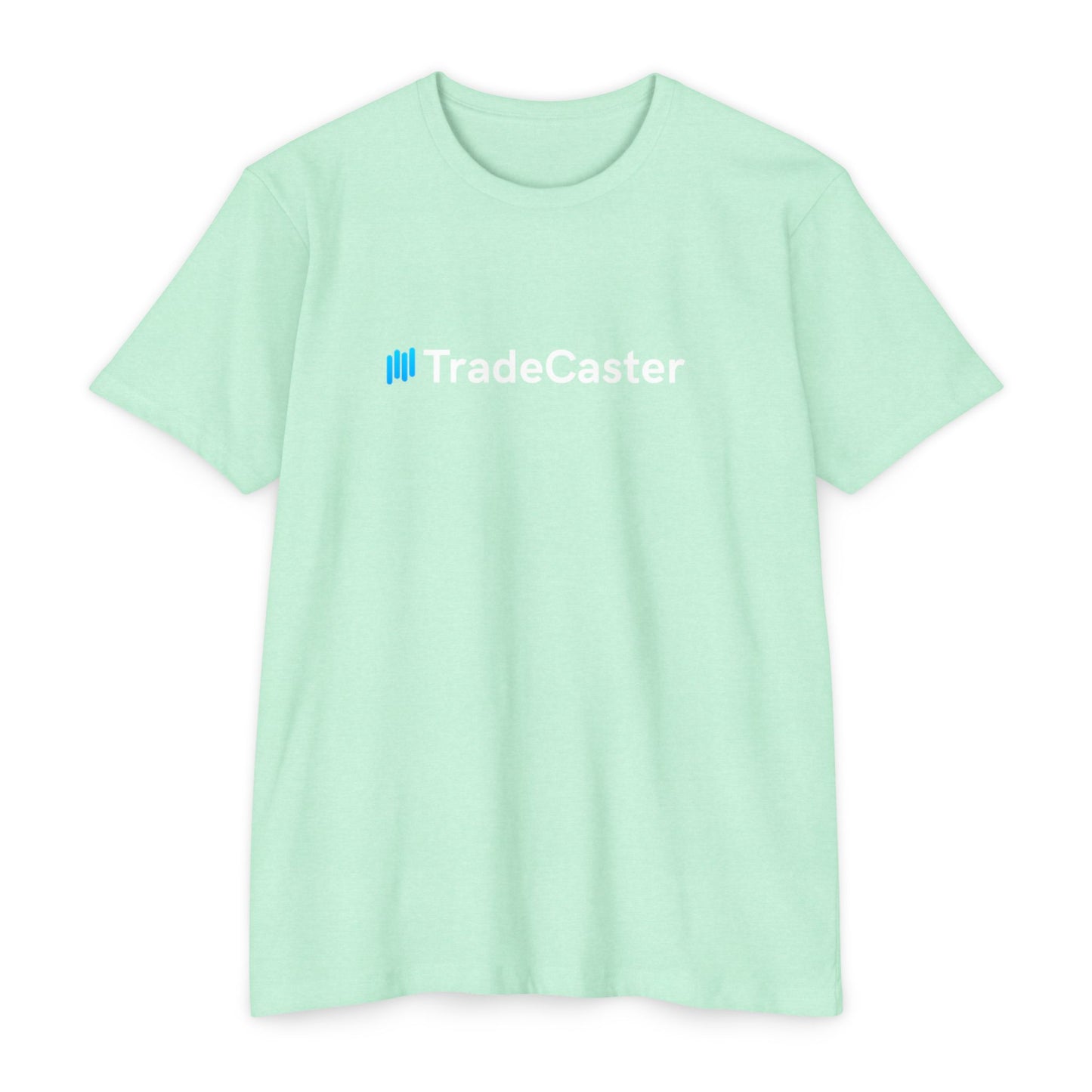 Front view of mint green unisex TradeCaster CVC jersey t-shirt with blue || icon and white text print