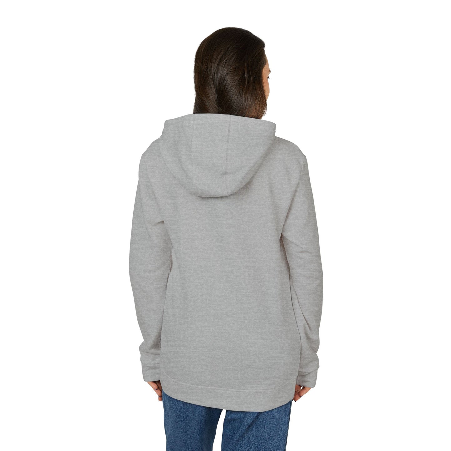 Back view of woman in grey heather Adidas fleece hoodie, hood down, no graphics—just cozy vibes