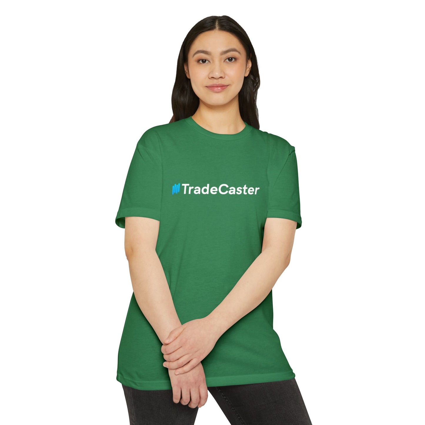 Female model owning mint green TradeCaster front tee with blue icon, white text, hands forward