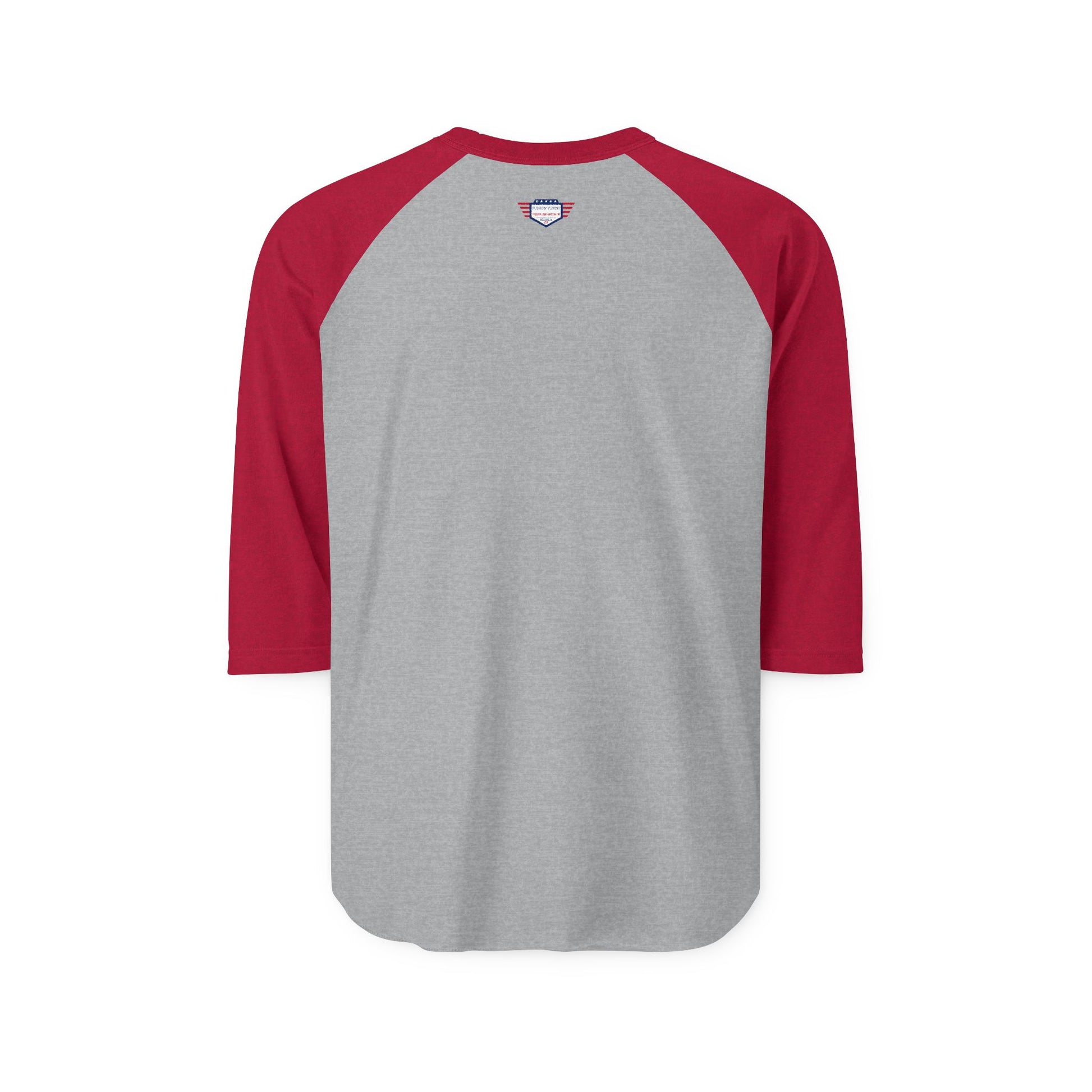 Back view of heather grey raglan with red sleeves, chill neck label detail
