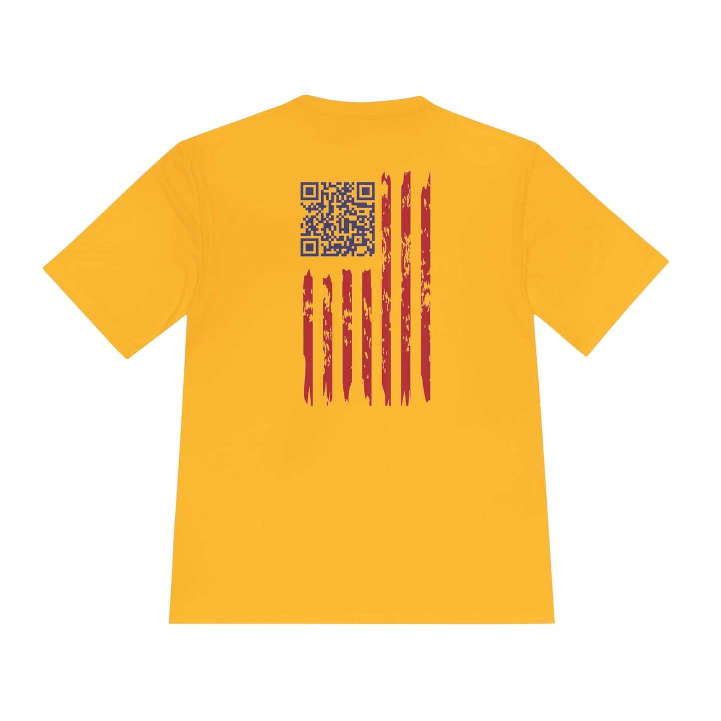 Back of yellow tee showing QR code top left and rugged red stripes flag design