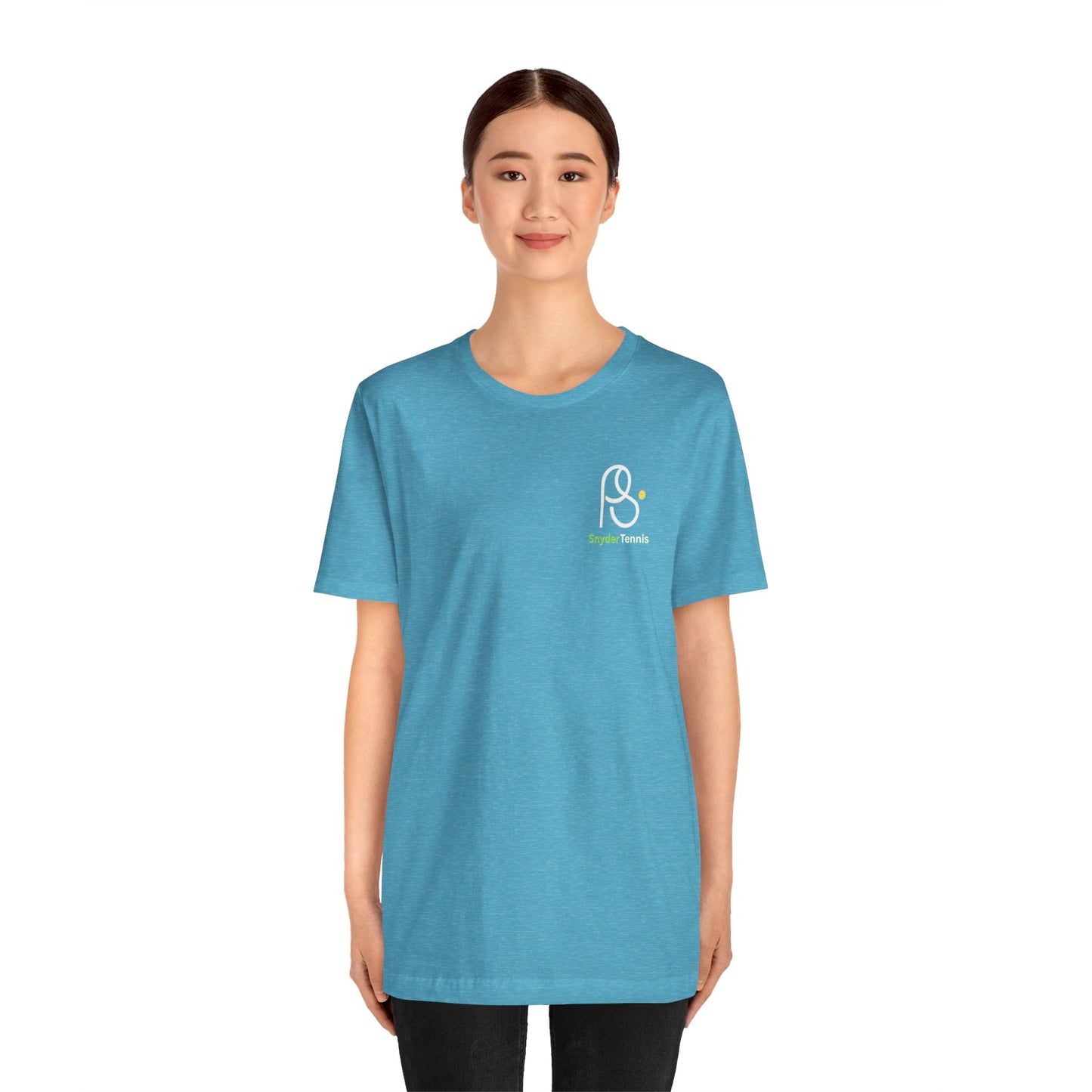 Female model rocking turquoise tee front view, white-outlined "PⓈ" chest logo with green "Snyder Tennis"