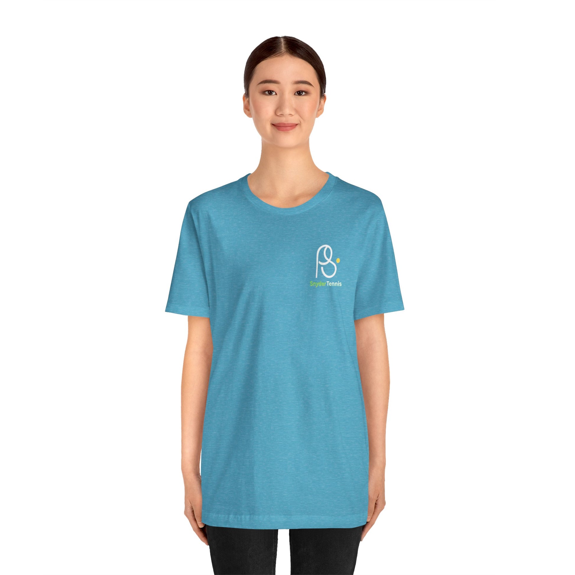 Female model rocking turquoise tee front view, white-outlined "PⓈ" chest logo with green "Snyder Tennis"