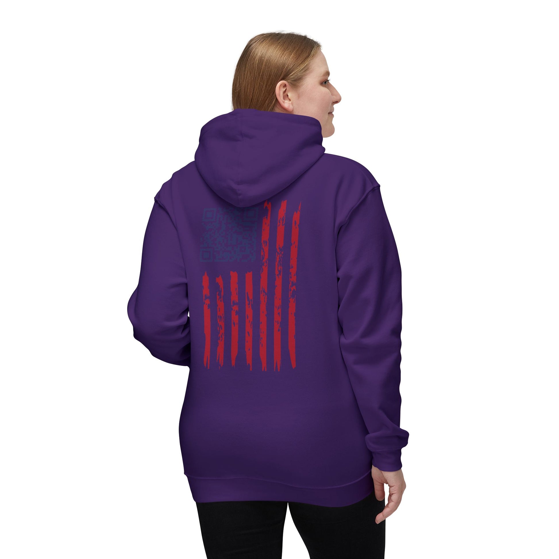 Back view of woman modeling purple "Daddy's Home" Trump hoodie, distressed American flag with blue QR code