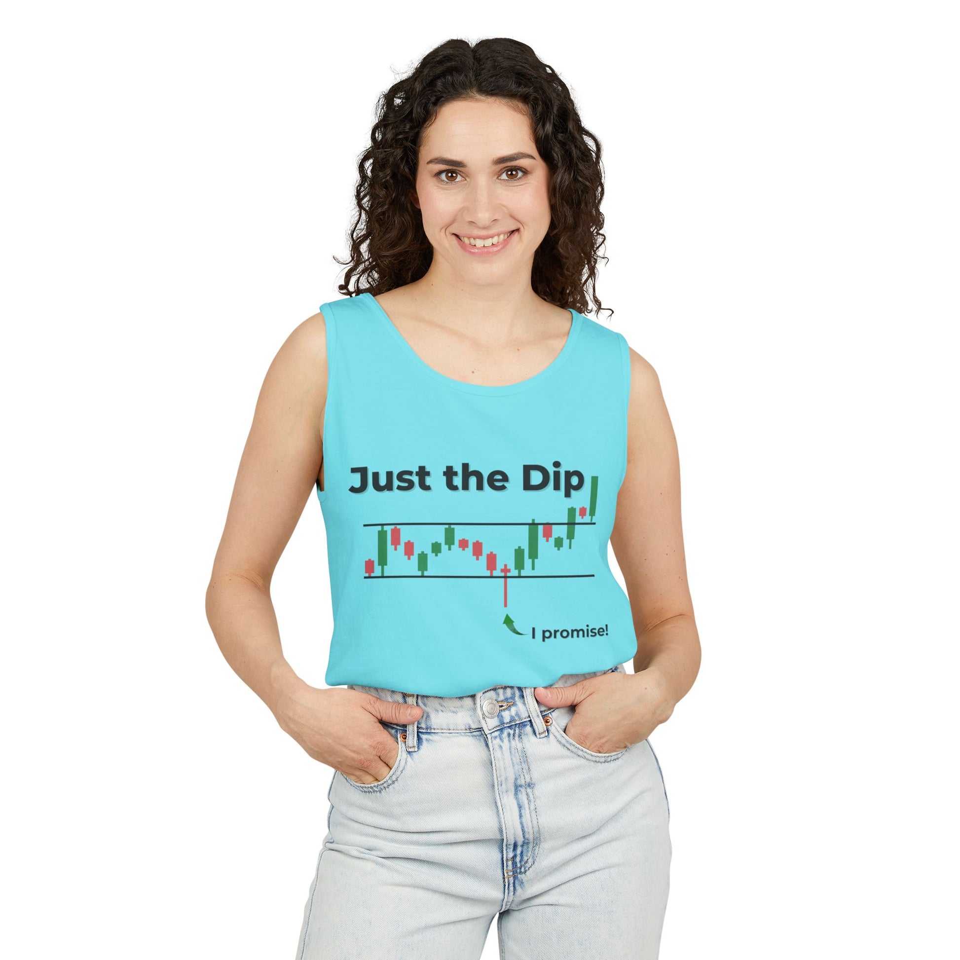 Curly-haired model in light cyan blue "Just the Dip" candlestick tank with promise arrow, front view