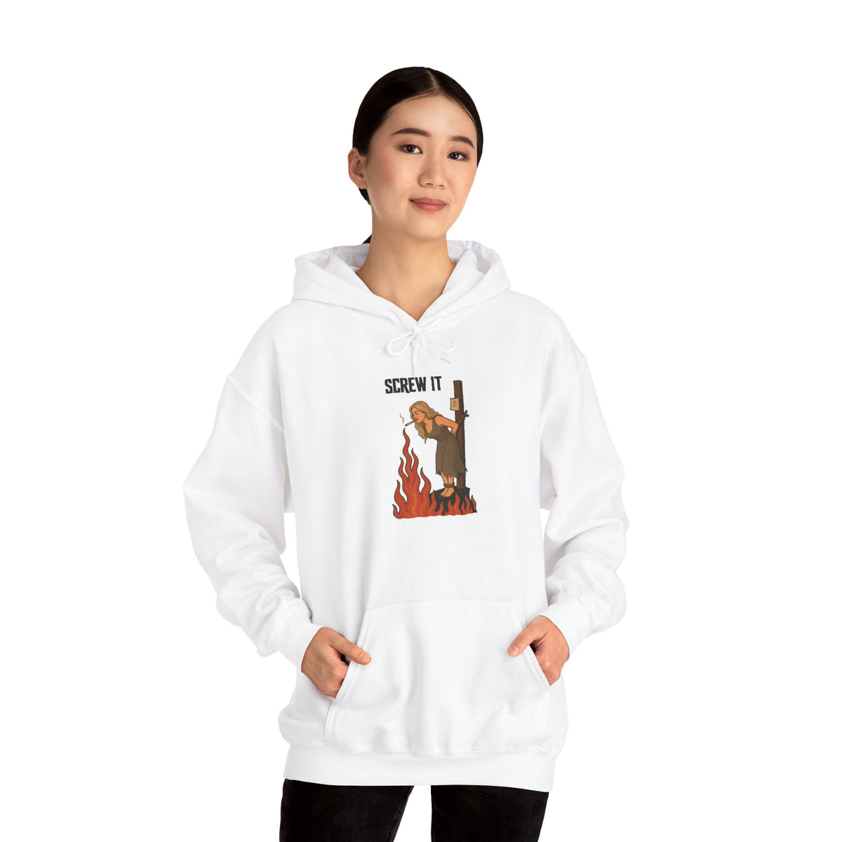 Screw It Hoodie – Funny Retro Character Flaming Witch Graphic Sweatshirt