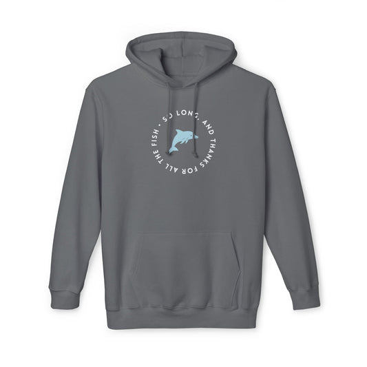 Front view of charcoal gray hoodie with white circular "So long, and thanks for all the fish" print and light blue jumping dolphin