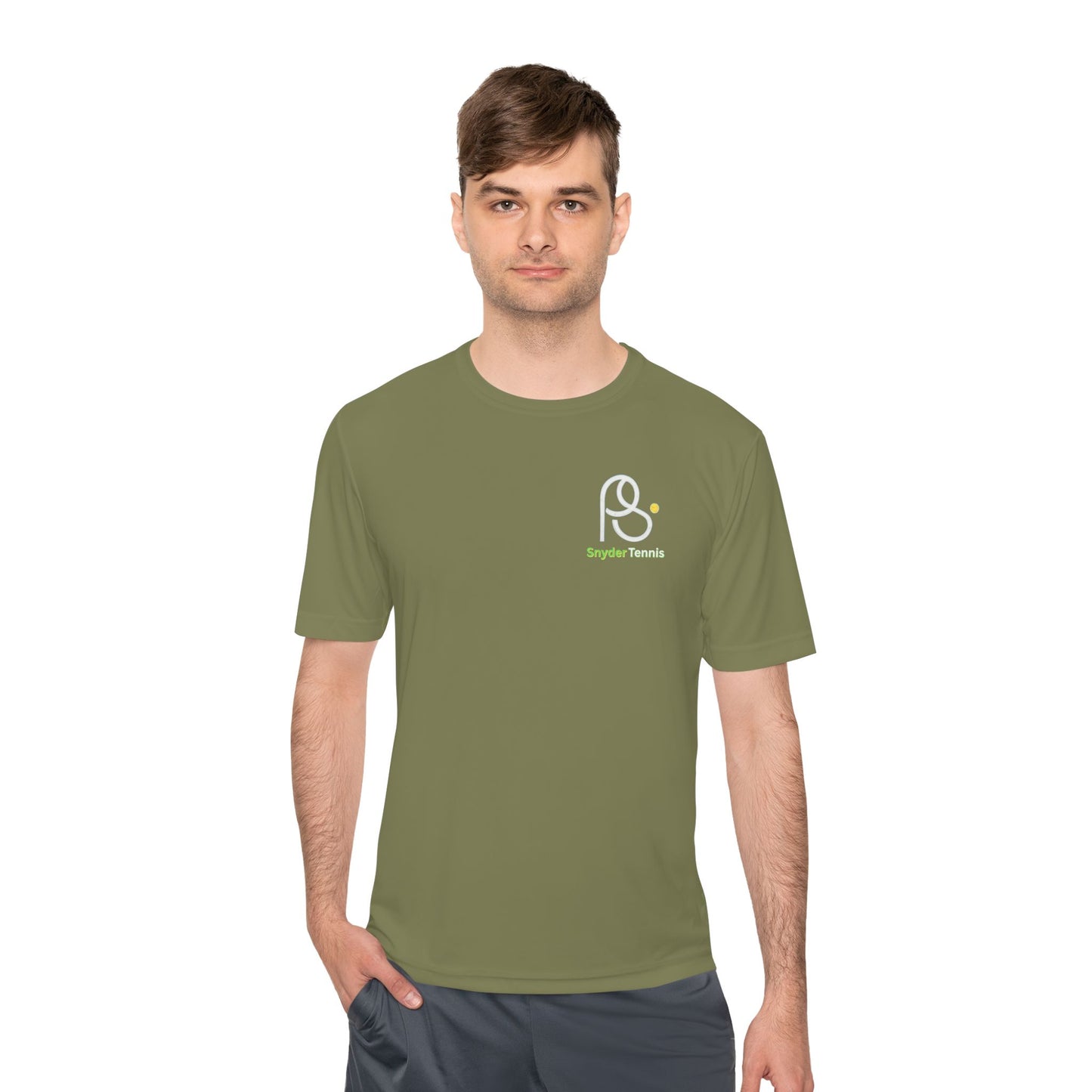 Man in green short-sleeve tee front, featuring white PS graphic and green Bryant Tennis chest text