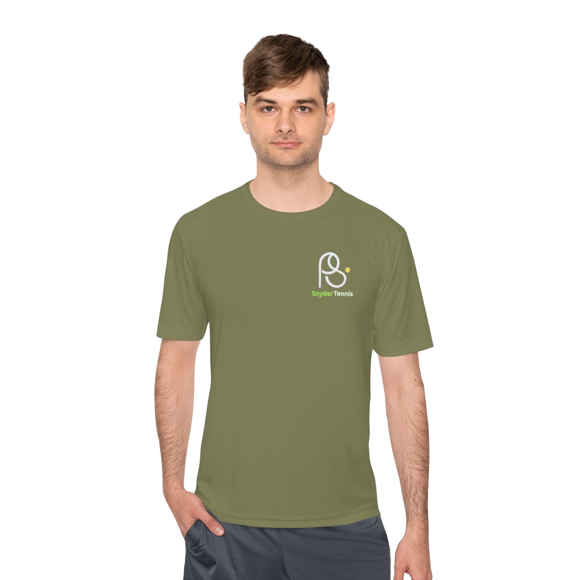 Man in green short-sleeve tee front, featuring white PS graphic and green Bryant Tennis chest text