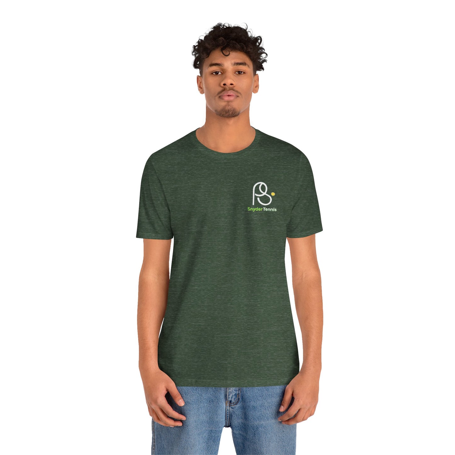 Male model wearing heather forest green Coach Pete Snyder tennis tee, front view showing chest logo, casual pose