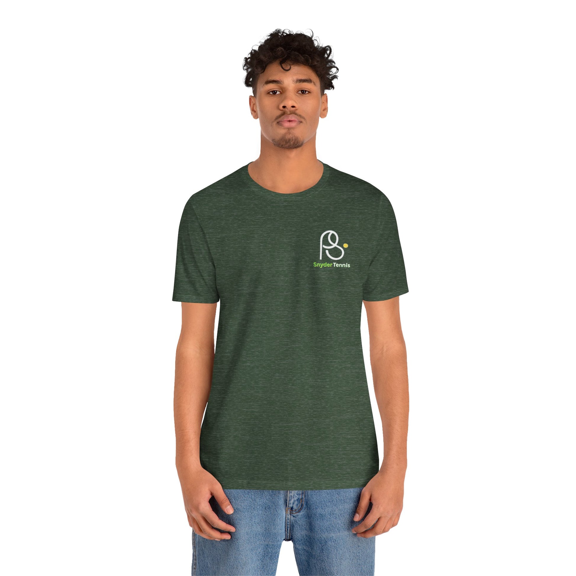Male model wearing heather forest green Coach Pete Snyder tennis tee, front view showing chest logo, casual pose