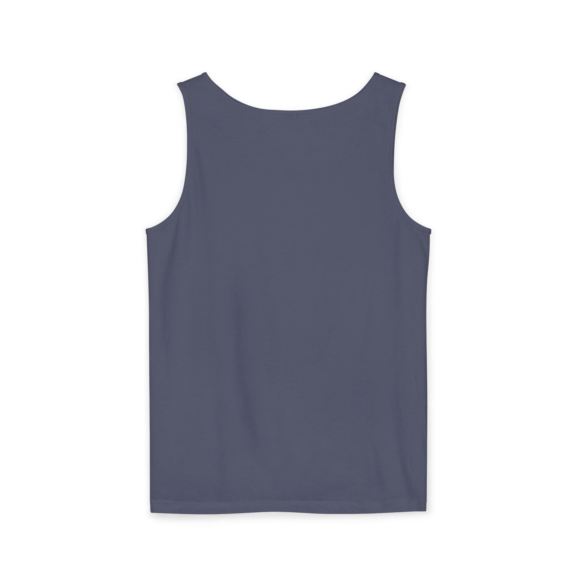 Back view of plain navy blue tank top, sleek and ready for workout dips