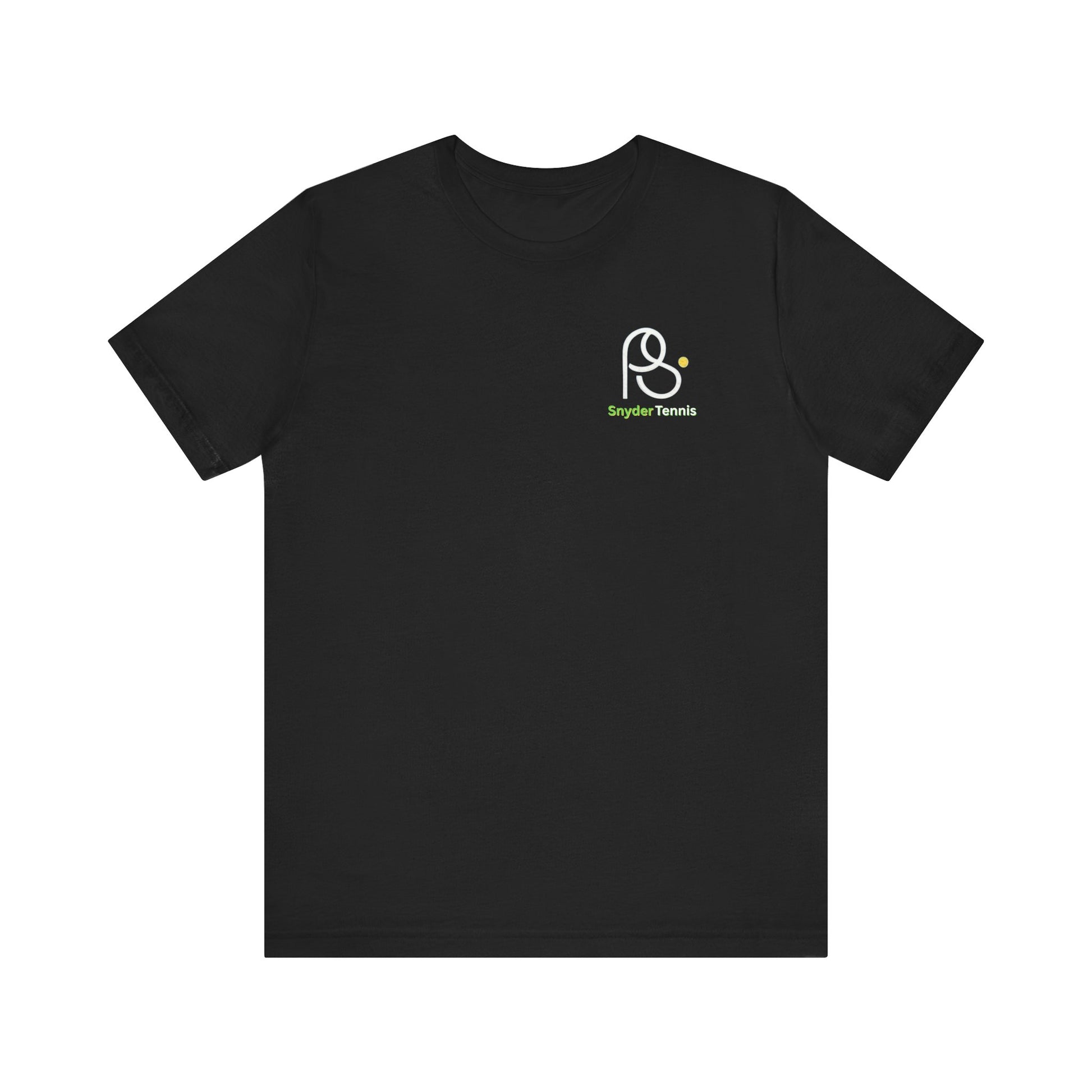 Flat front view of solid black tee with white P.S. logo and green P.S. Tennis on chest
