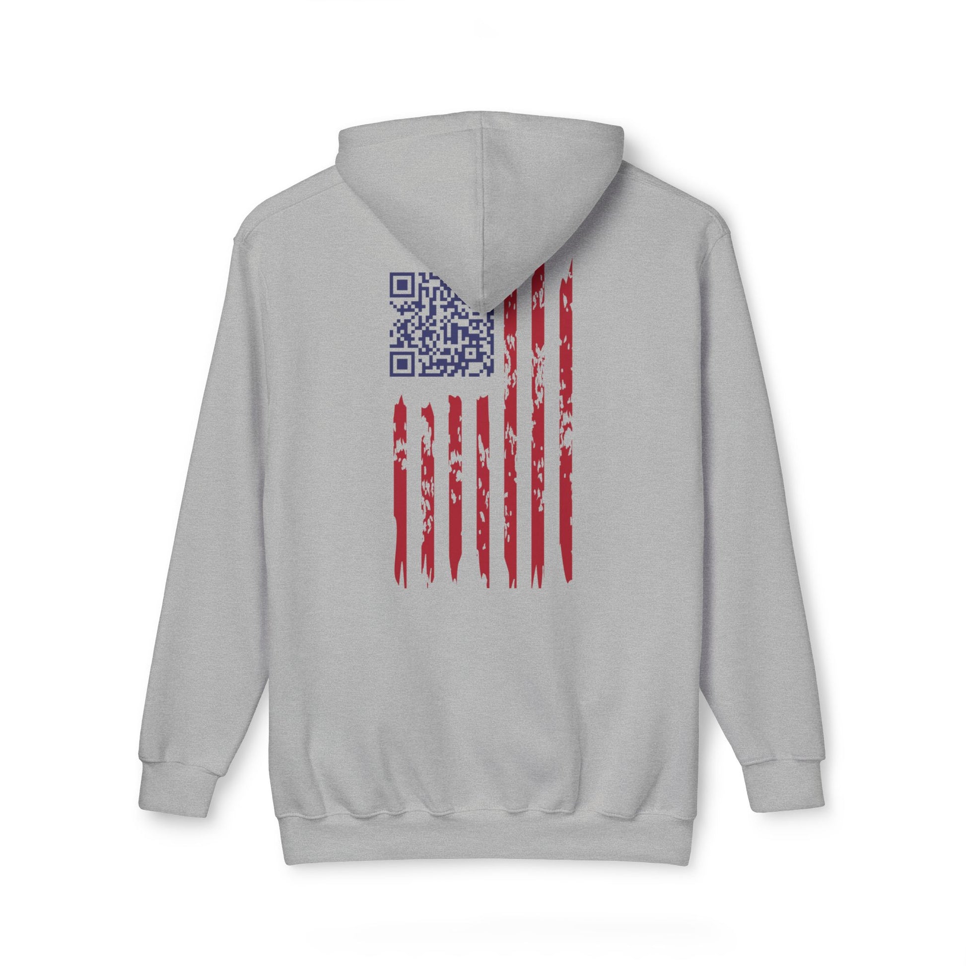 Back view of gray hoodie showcasing distressed stars-and-stripes flag with blue QR code