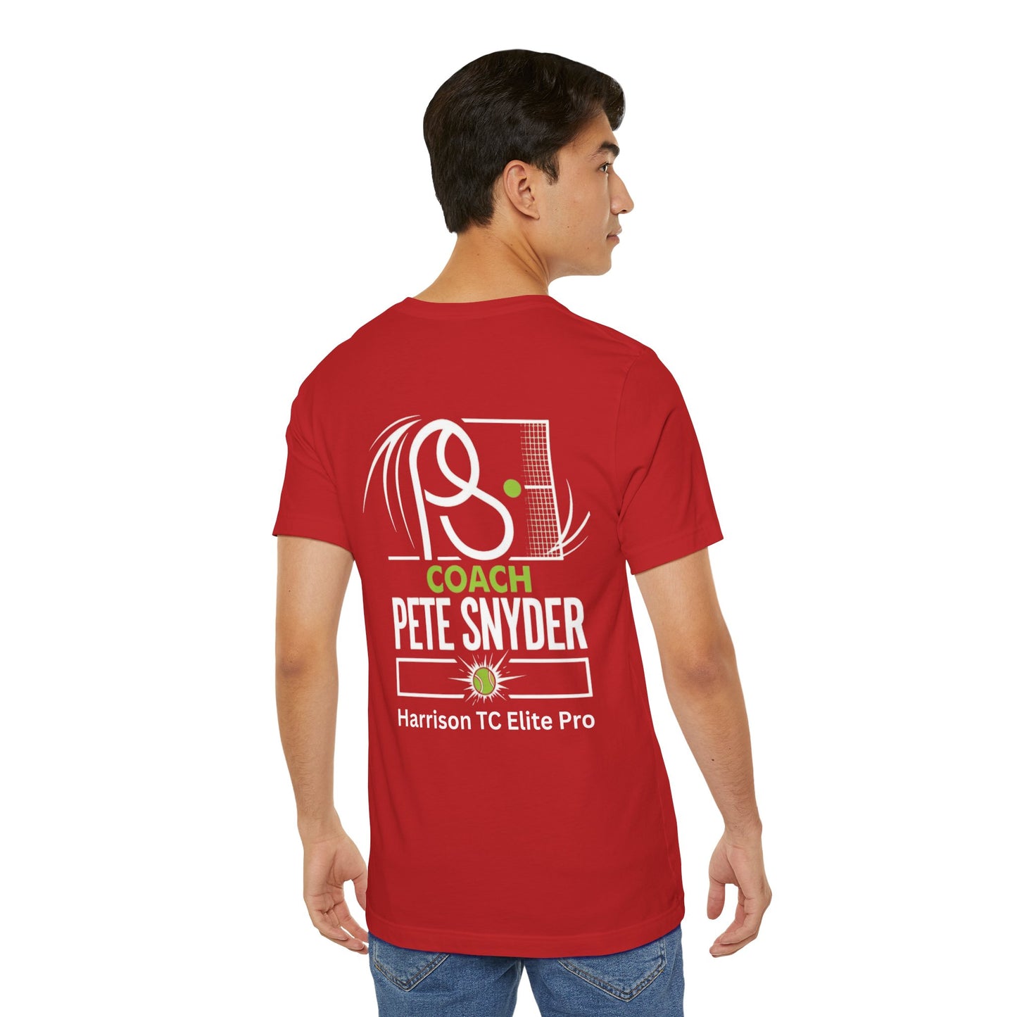 Male model back view of red tennis tee with bold white Coach Pete Snyder print, racket graphic, Harrison TC Elite Pro