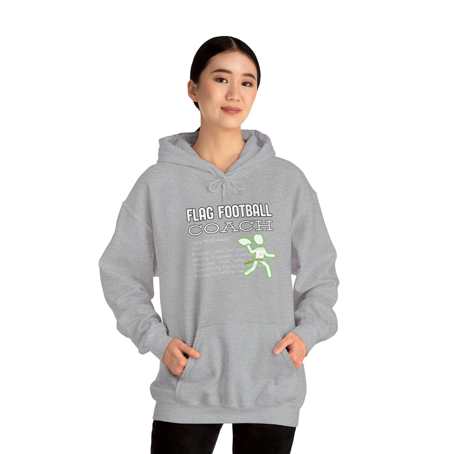 Asian female model wearing heather grey Flag Football Coach hoodie, cool neon details
