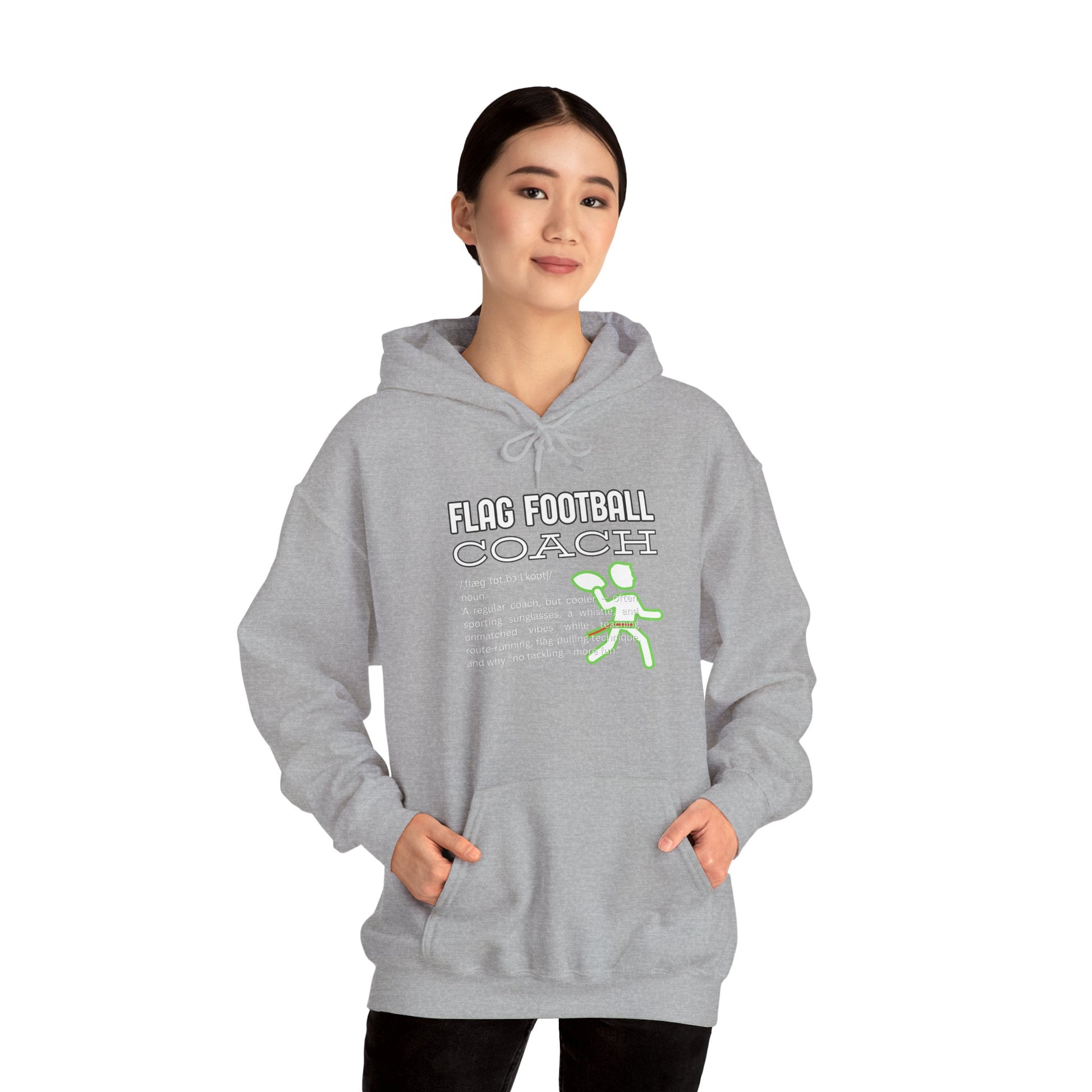 Asian female model wearing heather grey Flag Football Coach hoodie, cool neon details
