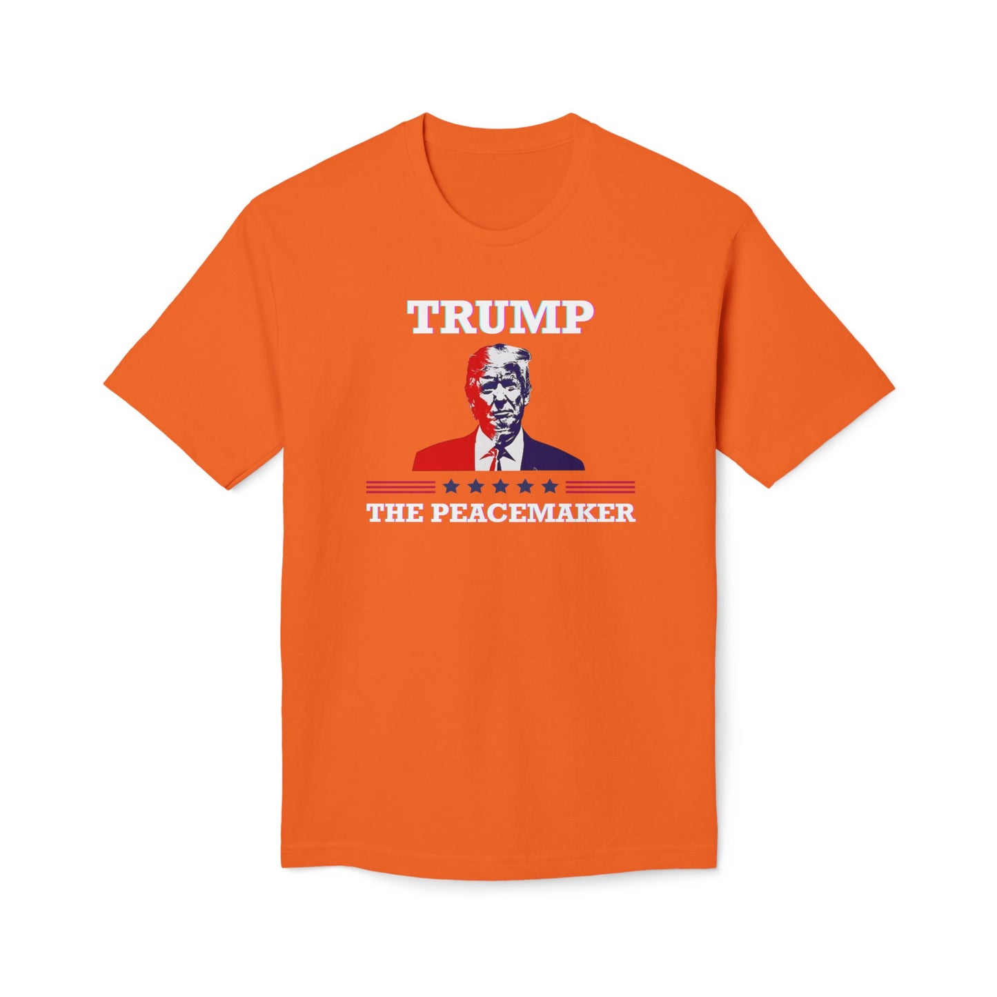 Front view of bright orange Trump The Peacemaker tee, white "TRUMP" headline, portrait, red-white-blue accents