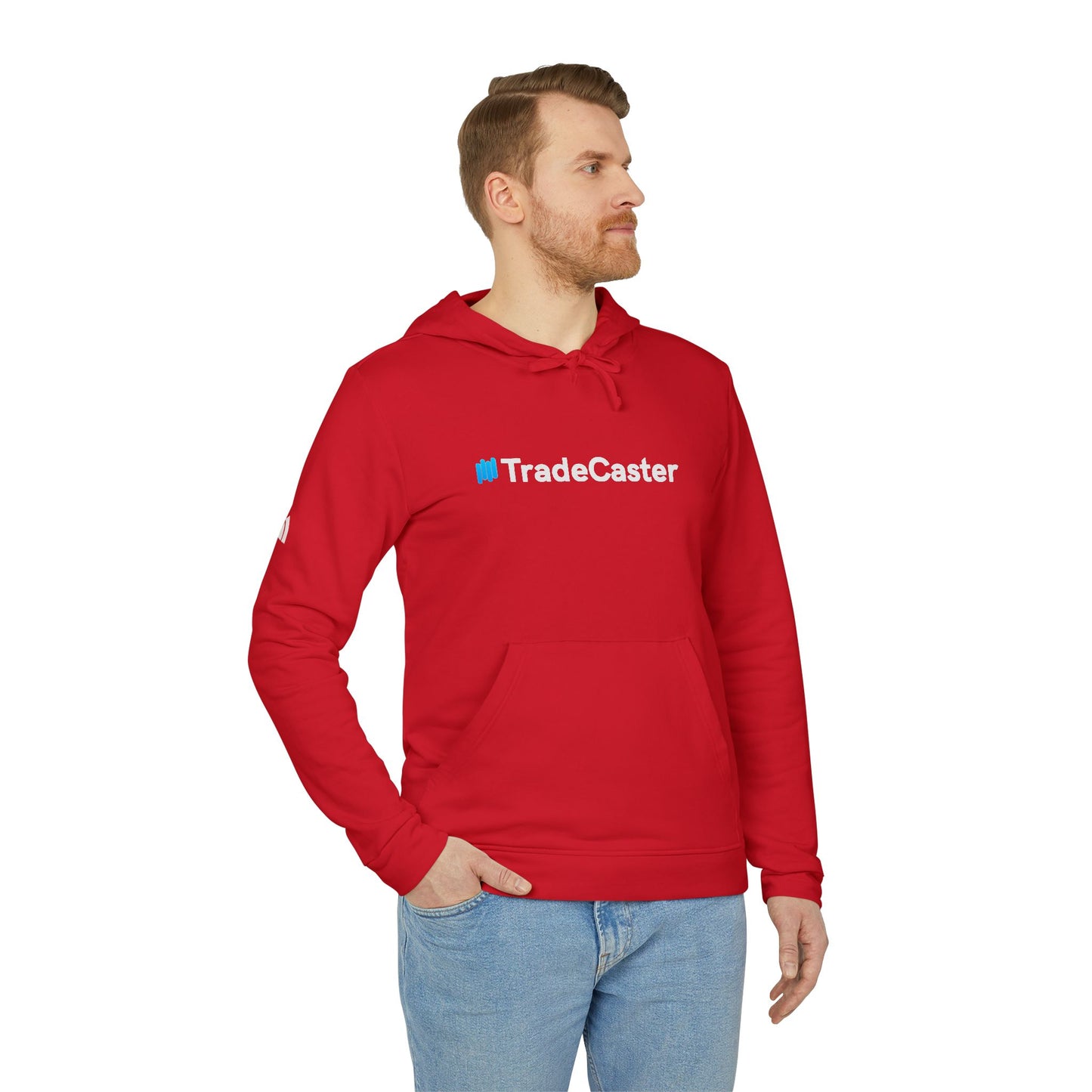 Man side profile in red #TradeCaster fleece hoodie, Adidas sleeve logo, relaxed jeans stance