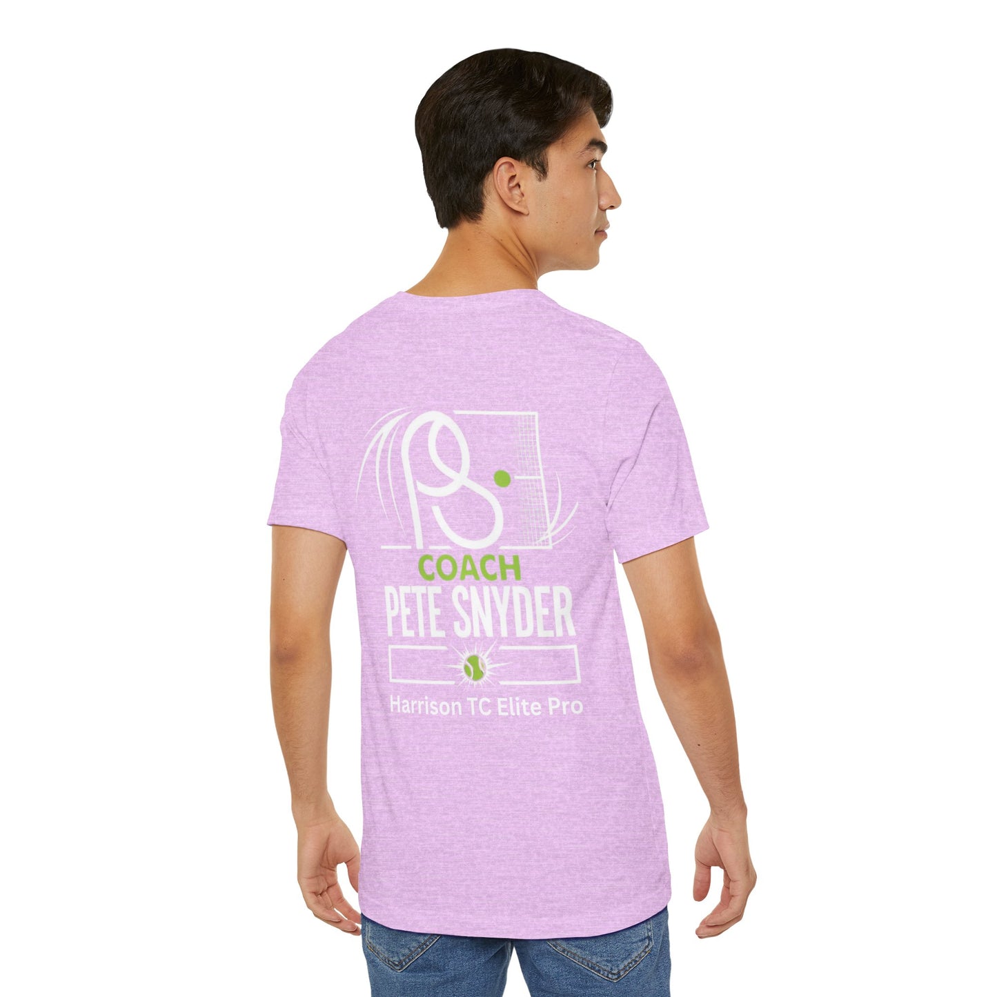 Male model side-back view in lavender tee, displaying full white "COACH PETE SNYDER" tennis print