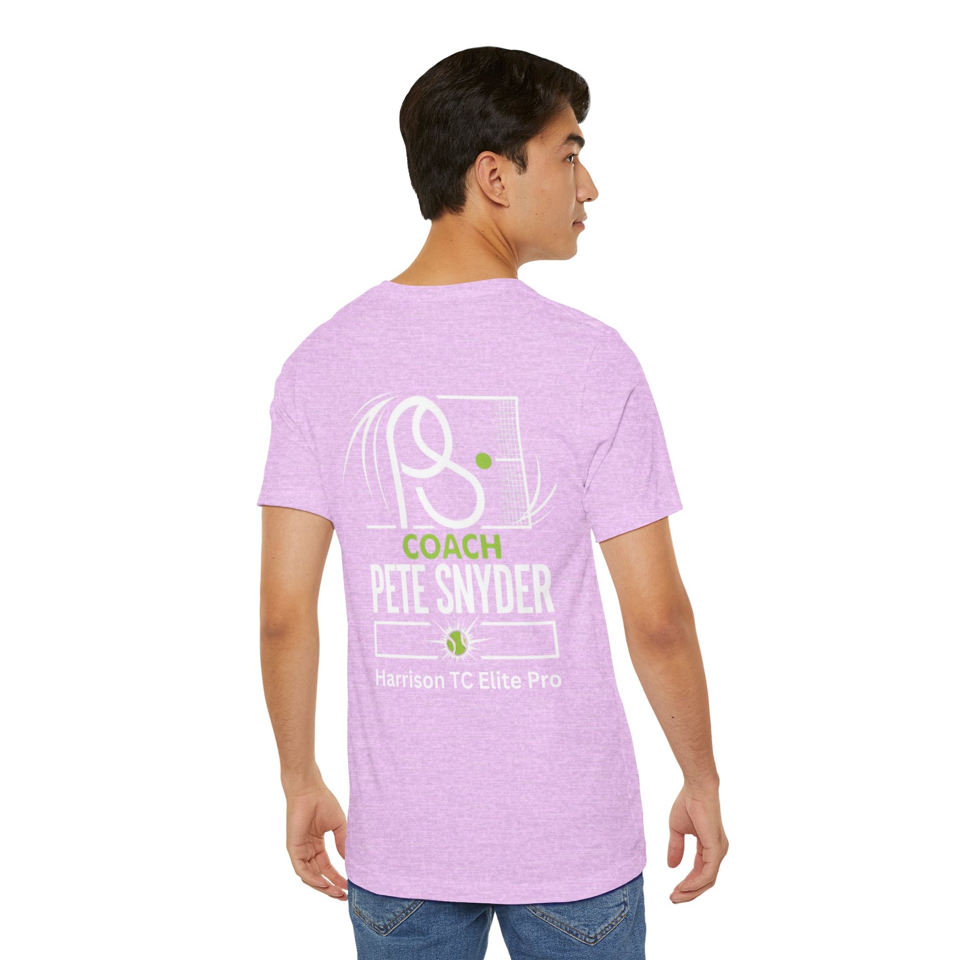 Male model side-back view in lavender tee, displaying full white "COACH PETE SNYDER" tennis print