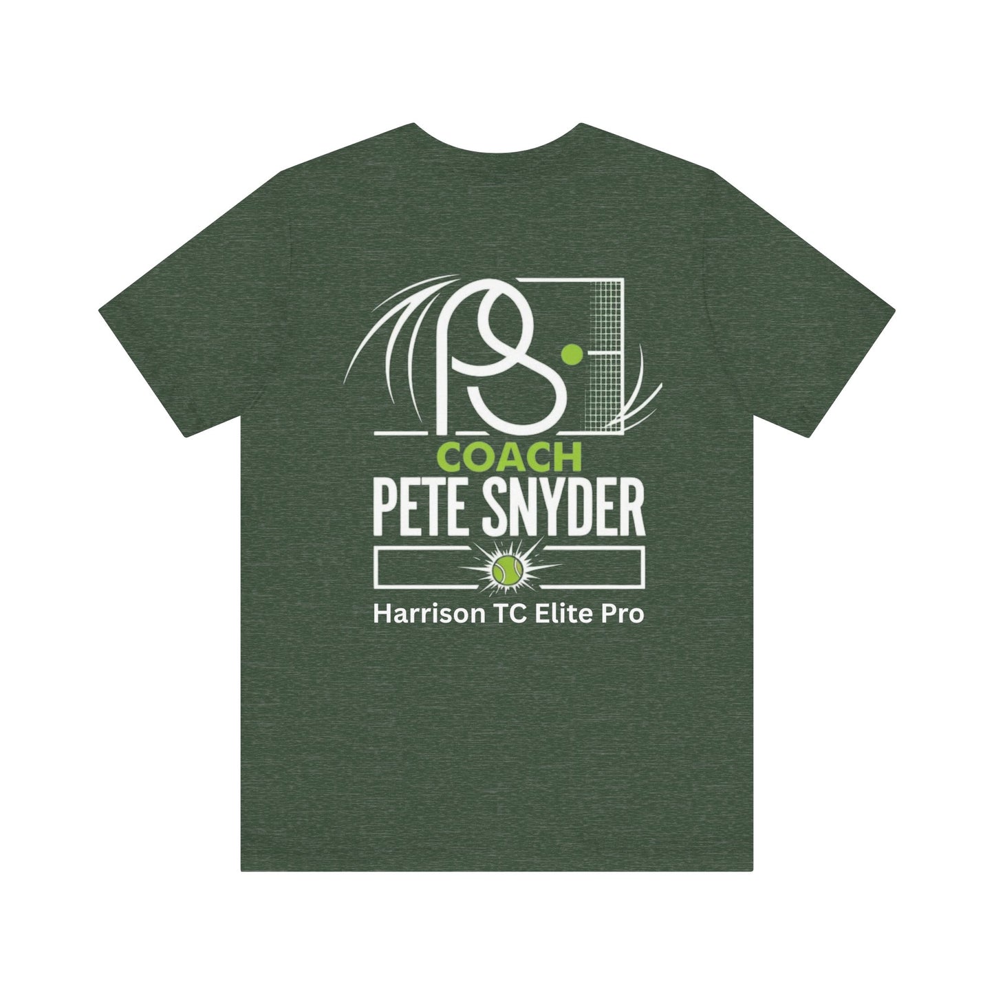 Flat lay back view of heather green Pete Snyder tee featuring Coach text and tennis design