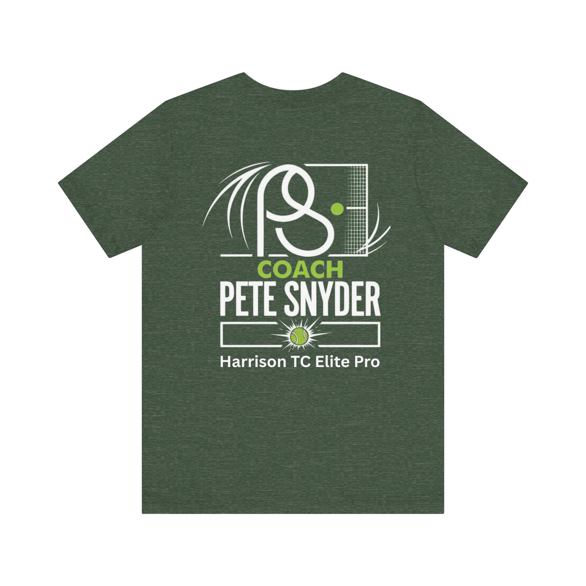 Flat lay back view of heather green Pete Snyder tee featuring Coach text and tennis design