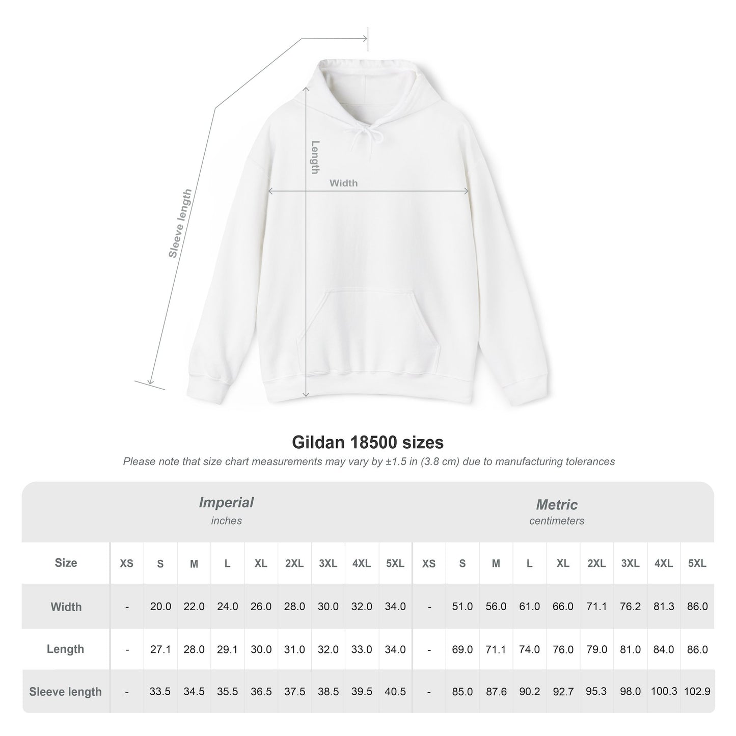 Size chart for Gildan 18500 light hoodie, detailed length/width in inches & cm, S-5XL