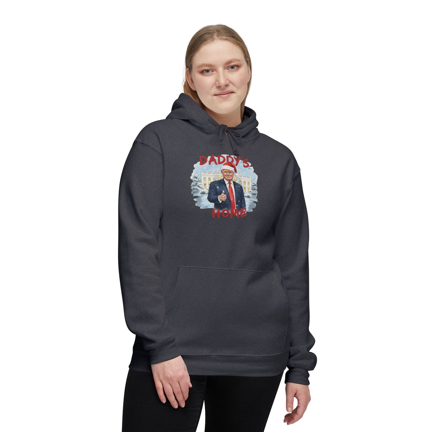 Woman rocking front navy "Daddy's Home" Trump hoodie with festive Santa Trump art
