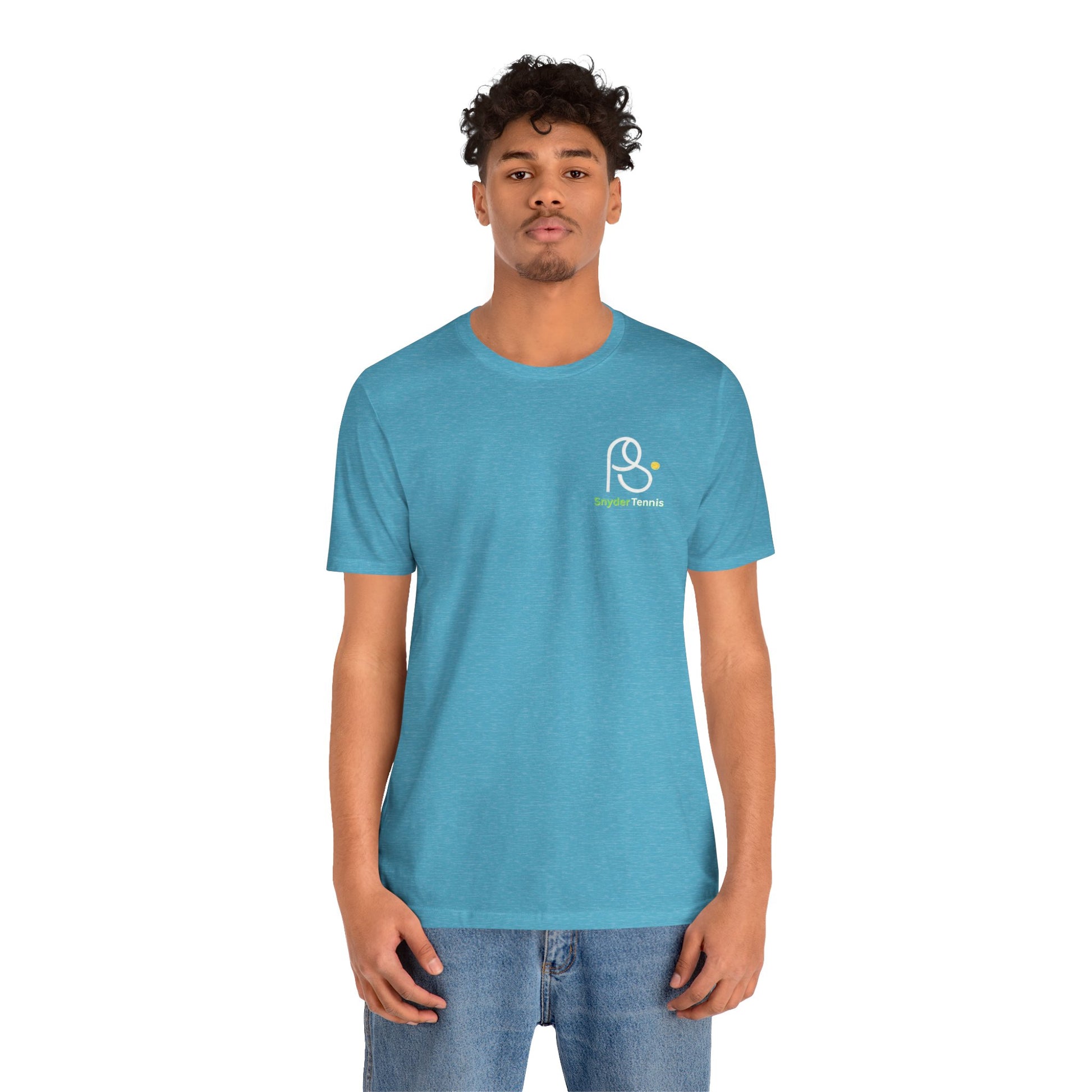 Male model in turquoise tee showing front chest "PⓈ Snyder Tennis" logo in white and green, casual pose with jeans