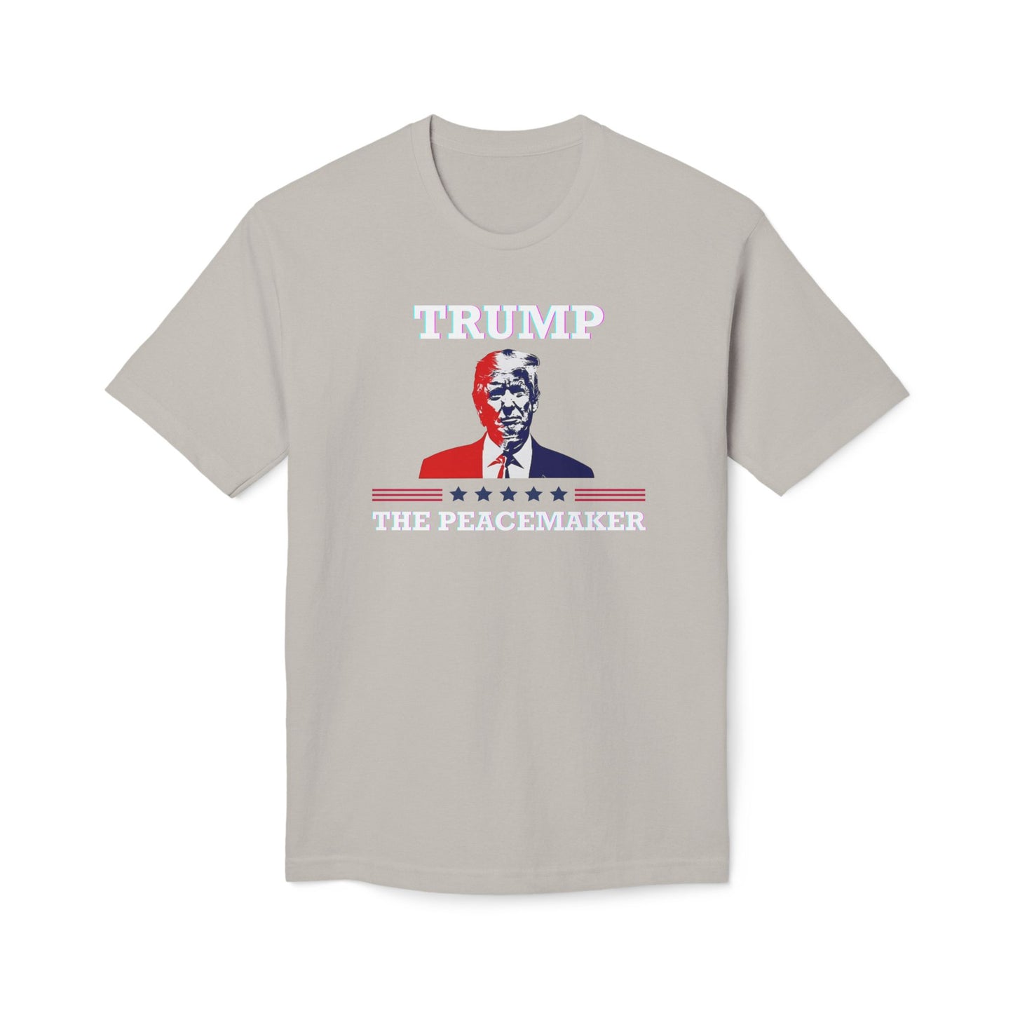 Front view of heather gray Trump The Peacemaker tee—white text pops over the portrait and flag-inspired stripes