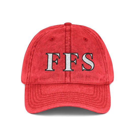Front view of distressed red baseball cap with bold white "FFS" embroidery