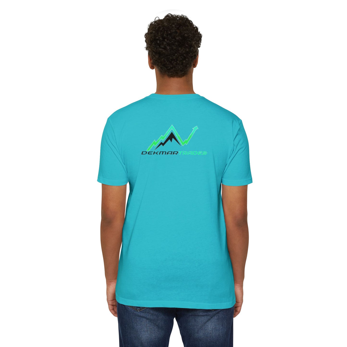 Male model backside in turquoise tee, chart peak design with Dekmar Trades text