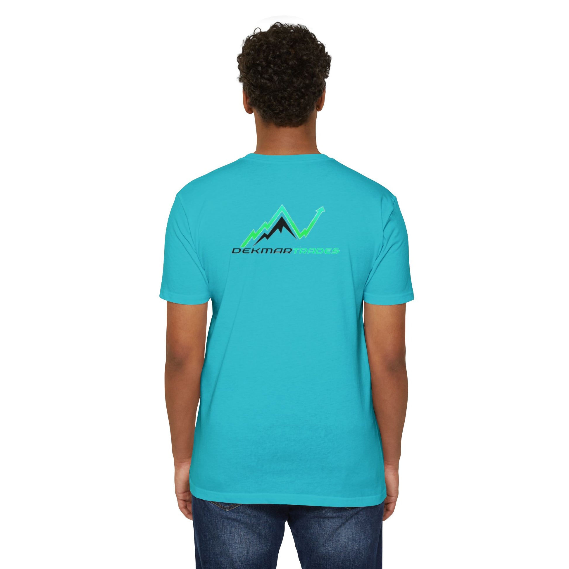 Male model backside in turquoise tee, chart peak design with Dekmar Trades text