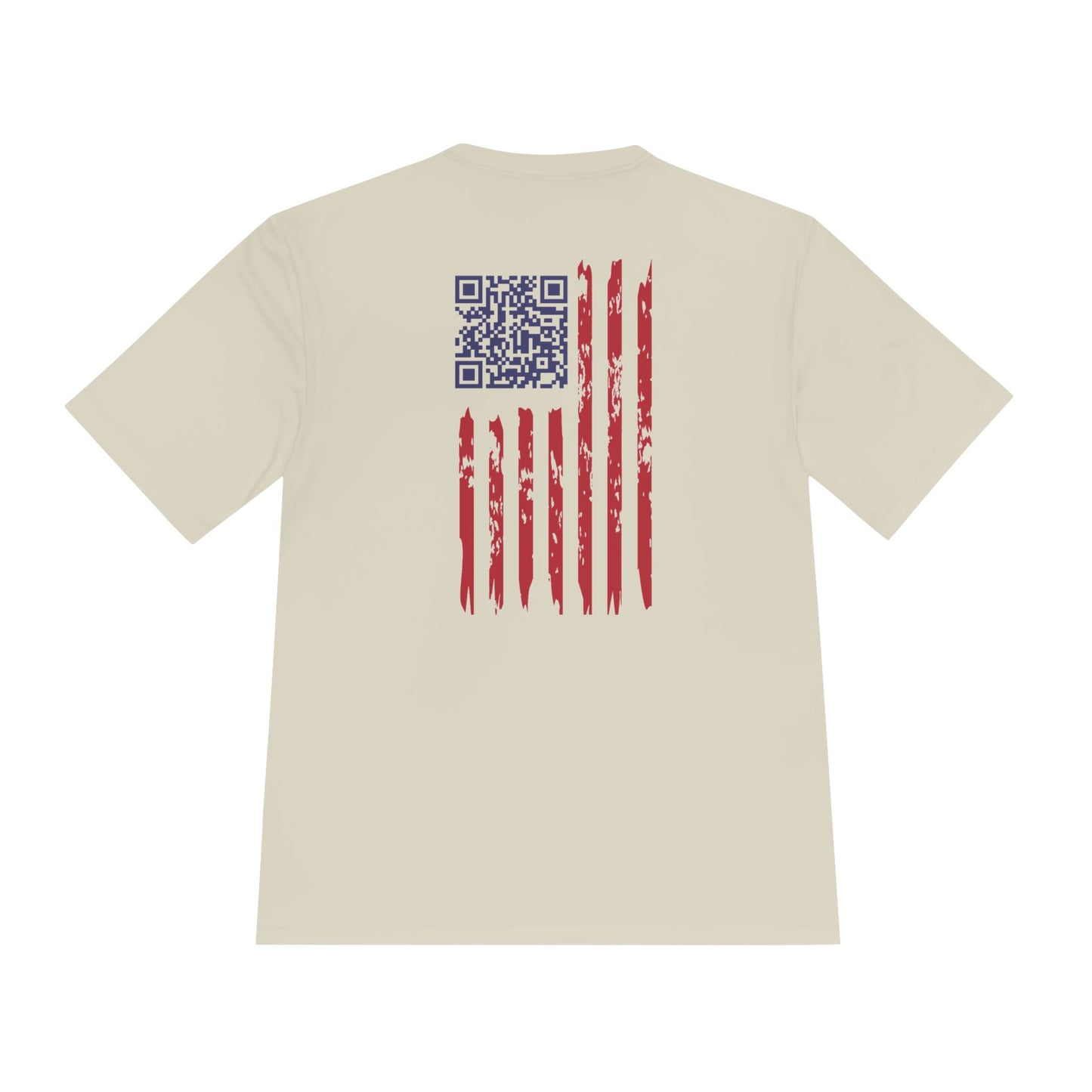 Cream tee back with navy QR code and distressed flag stripes for that easter egg flex