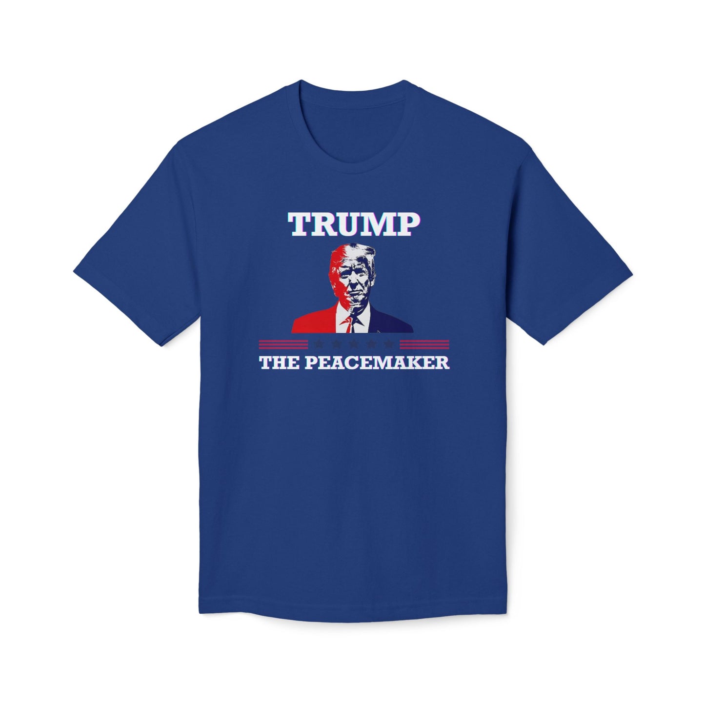 Front view of navy blue "Trump The Peacemaker" t-shirt, white text over Trump graphic and flag stripes