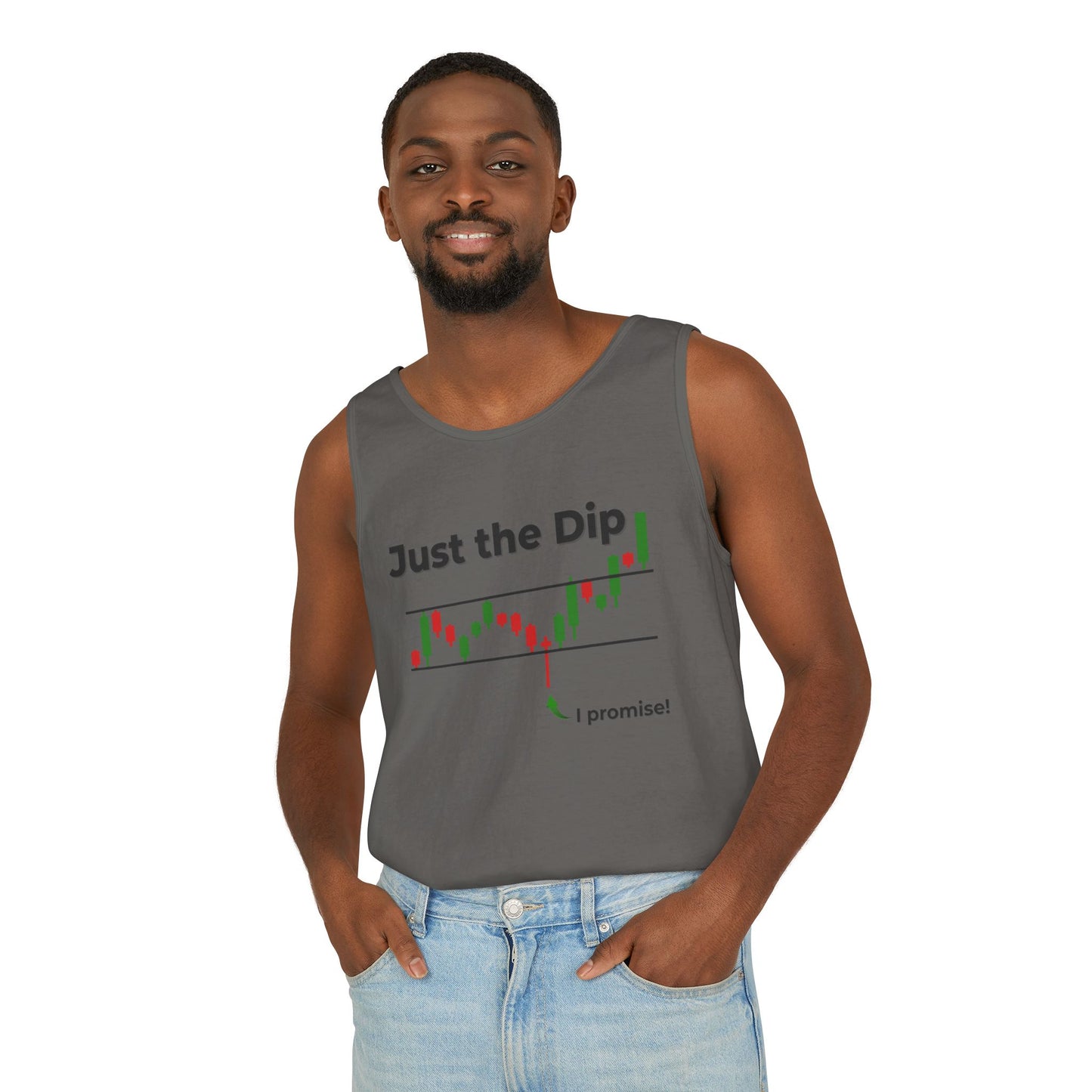 Smiling man in heather gray "Just the Dip" workout tank, candlestick plunge print with "I promise!", jeans