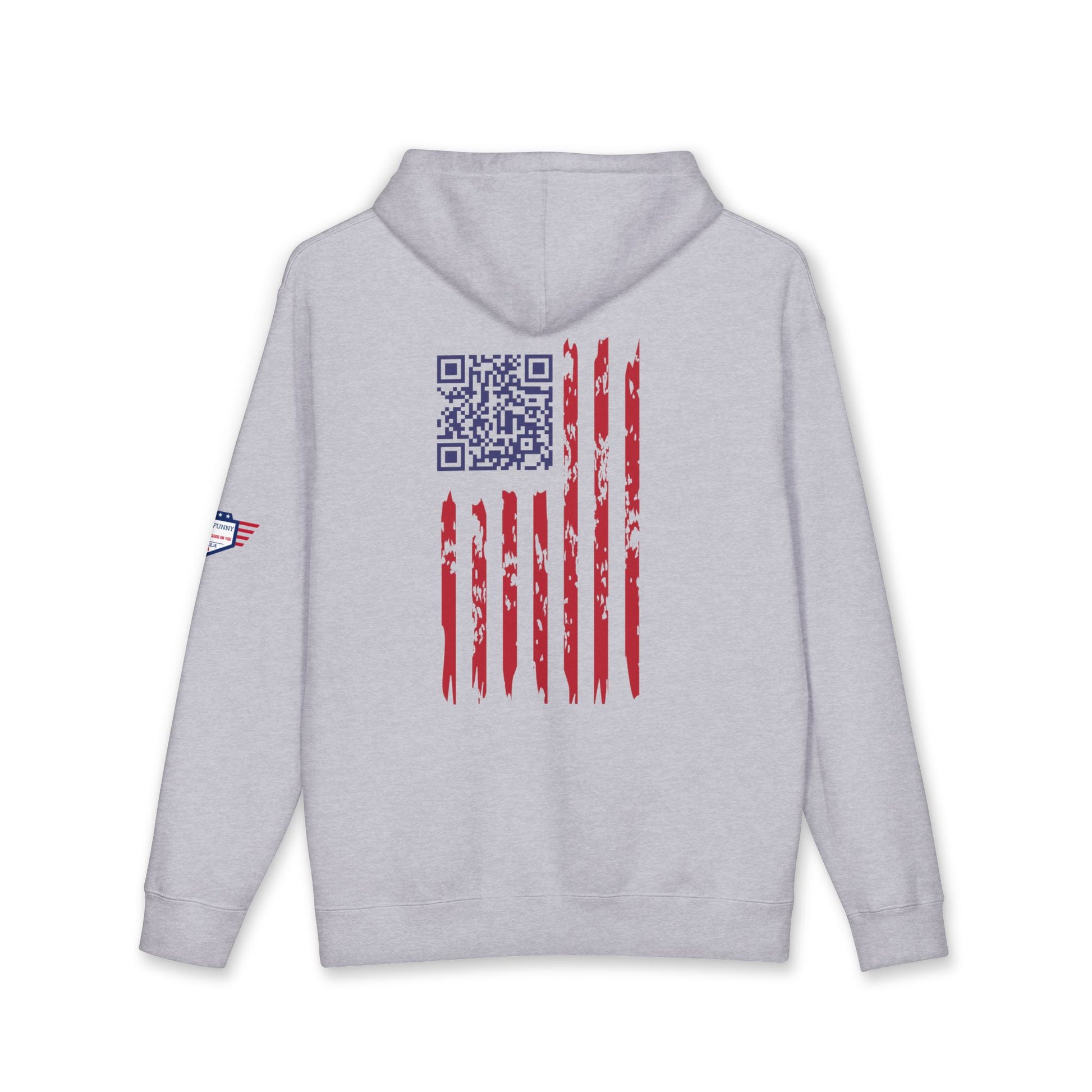 Back view of grey heather hoodie with distressed flag QR code in red stripes, blue scan patch, tiny sleeve flag