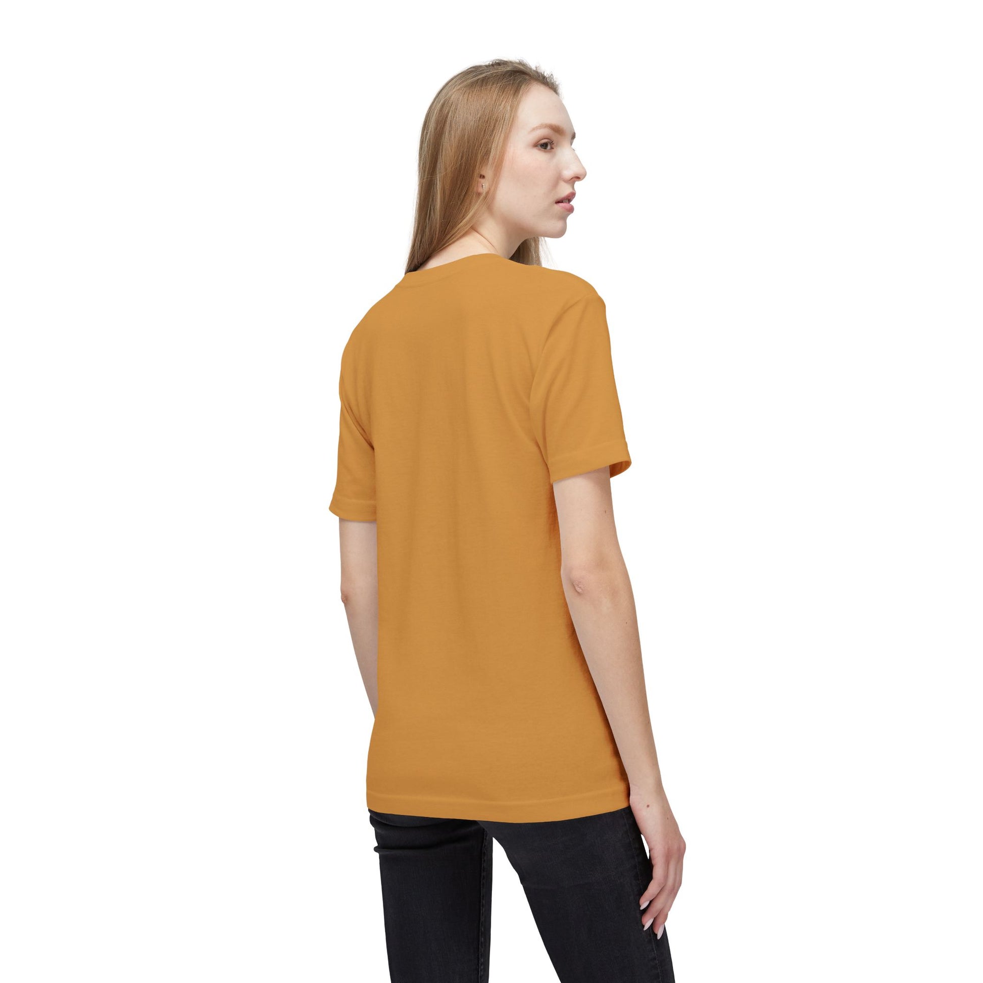 Side back view of model in plain bright orange tee with jeans, standing out